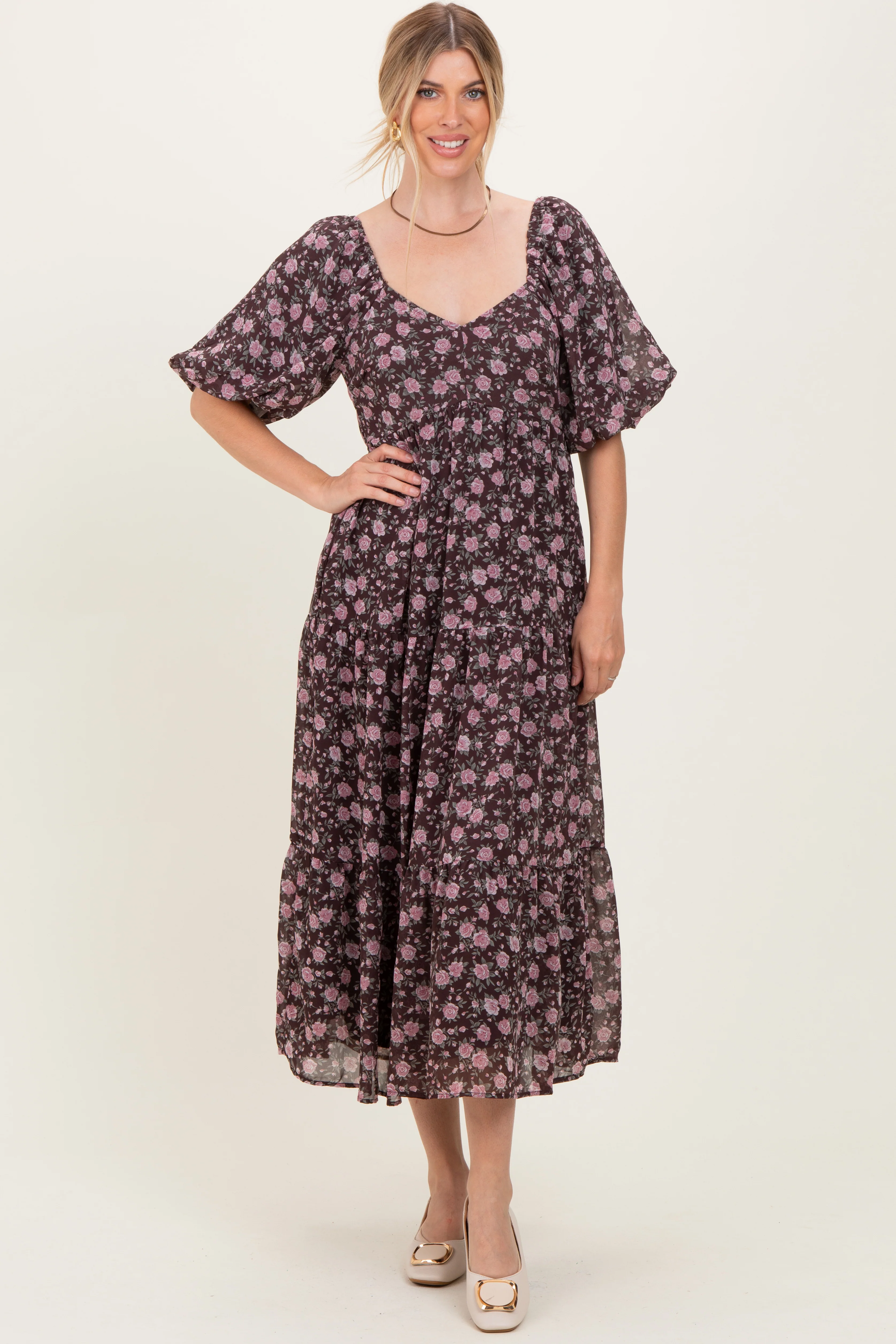 Brown Floral Sweetheart Neckline Puff Sleeve Maternity Maxi Dress - Image 4
