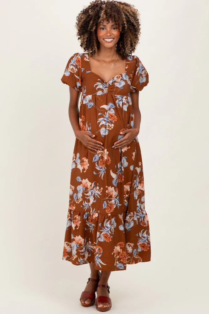 Brown Floral Sweetheart Puff Sleeve Maternity Midi Dress - Image 3