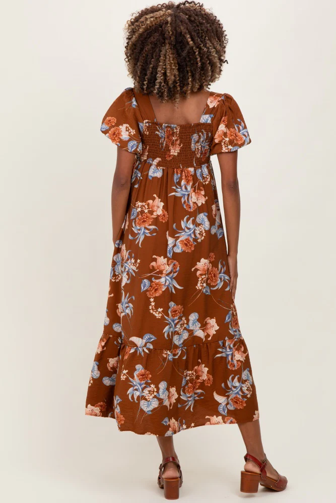 Brown Floral Sweetheart Puff Sleeve Maternity Midi Dress - Image 4
