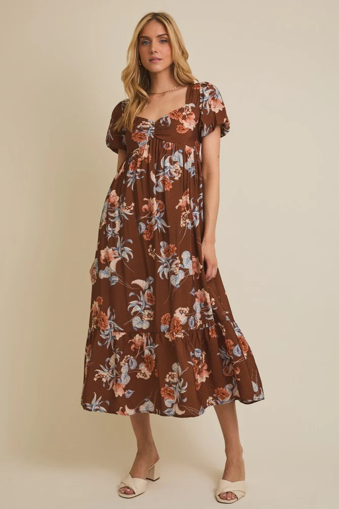 Brown Floral Sweetheart Puff Sleeve Maternity Midi Dress - Image 5