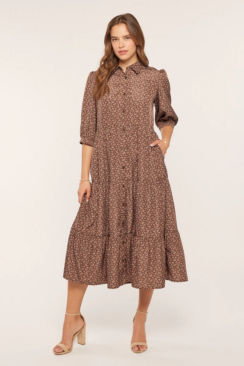 Brown Floral Tiered Maternity Shirt Midi Dress - Image 4