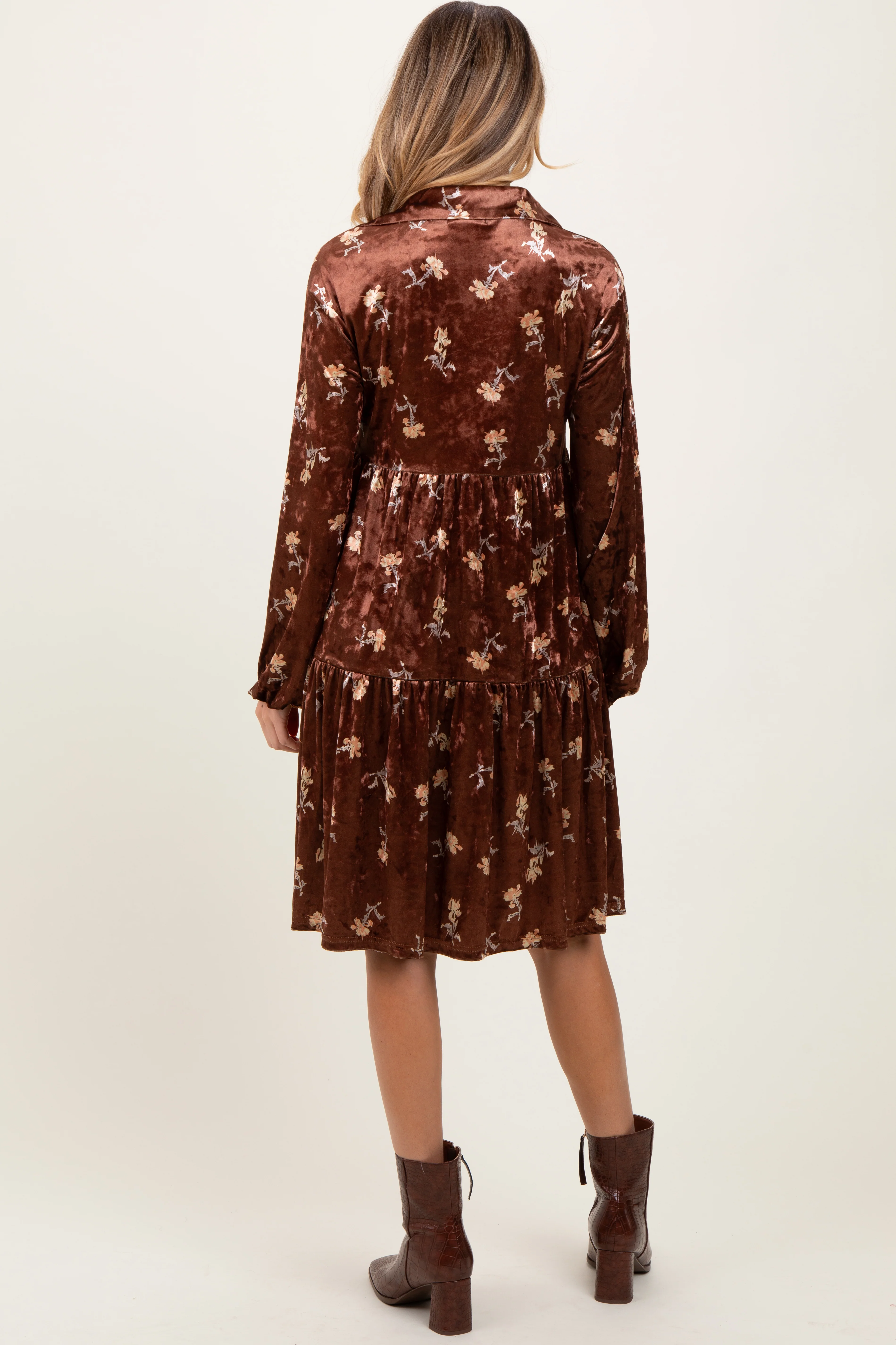 Brown Floral Velvet Button Down Maternity Midi Dress - Image 4