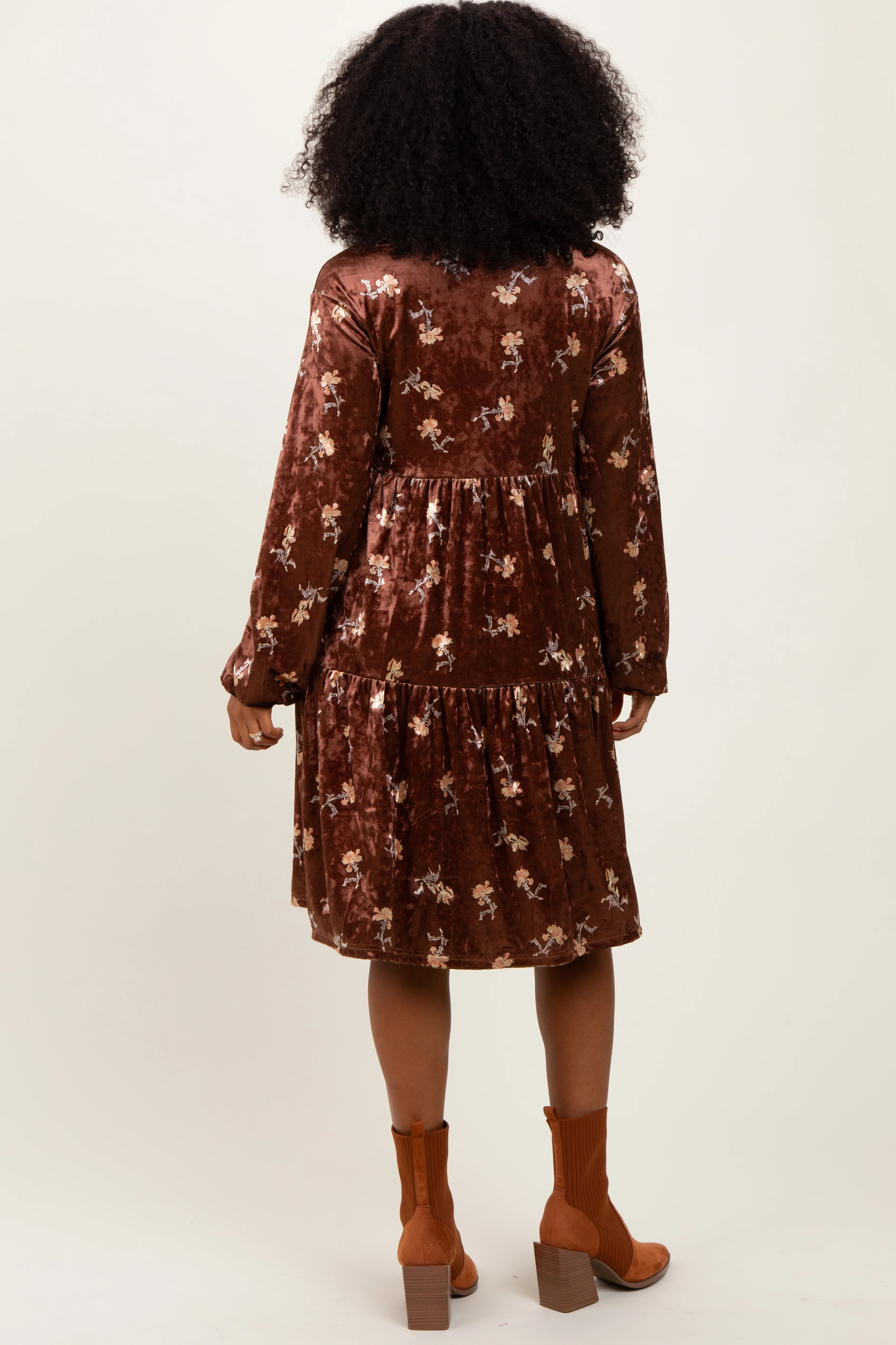 Brown Floral Velvet Button Down Midi Dress - Image 4