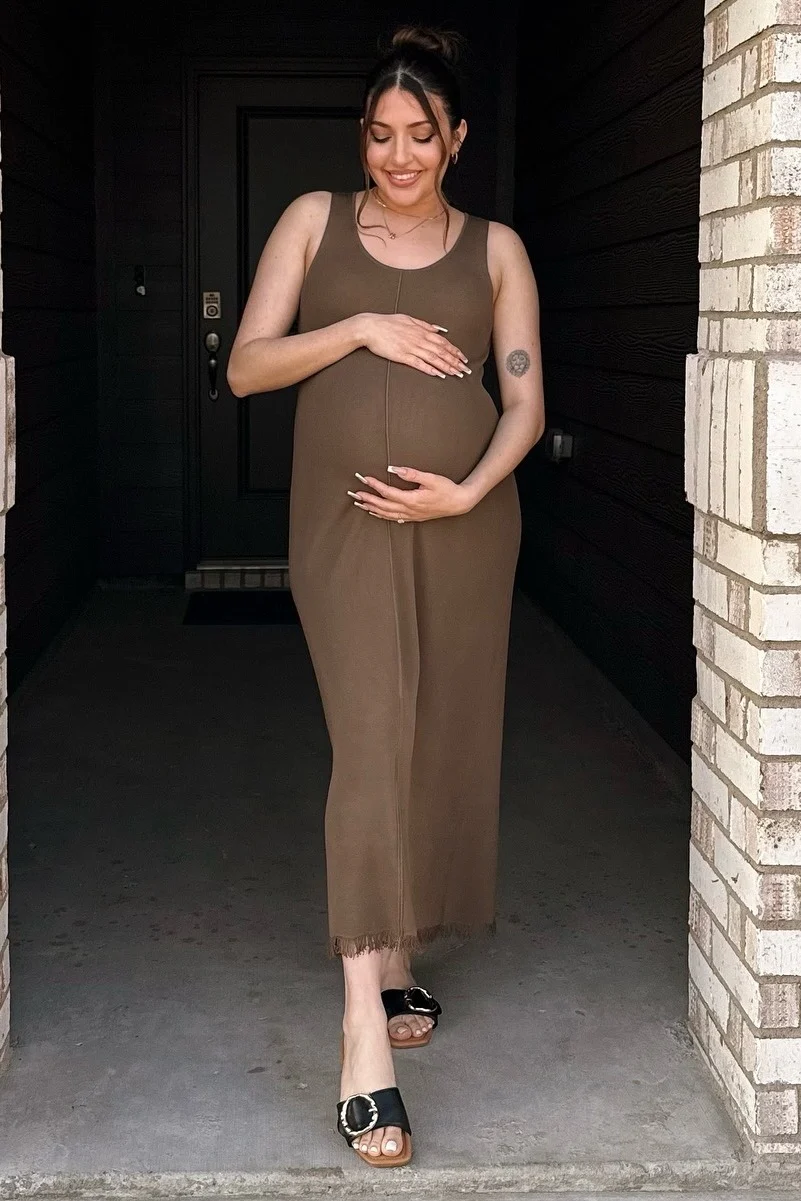 Brown Fringe Hem Maternity Midi Dress - Image 4