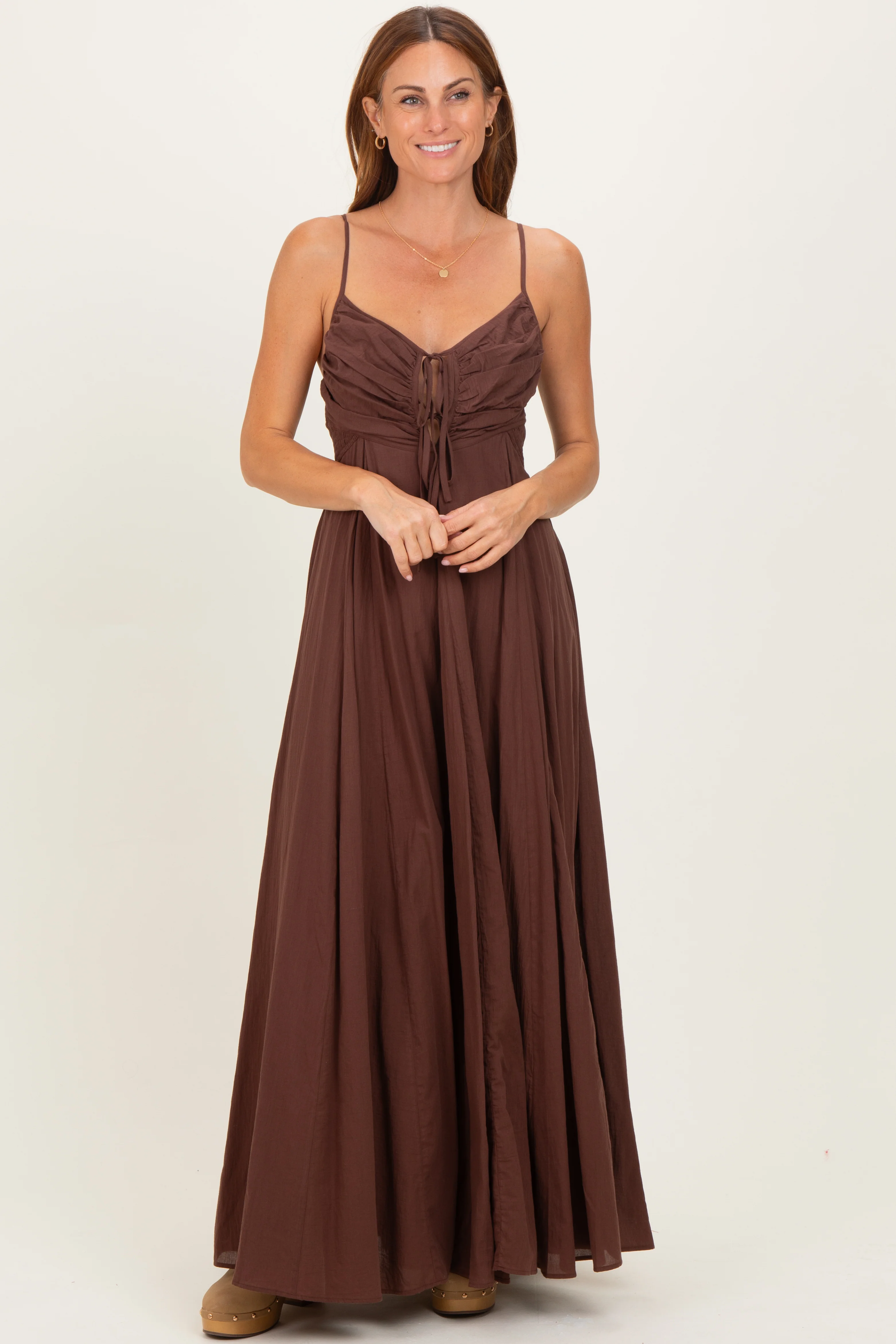 Brown Gathered Tie Front Maternity Maxi Dress - Image 5