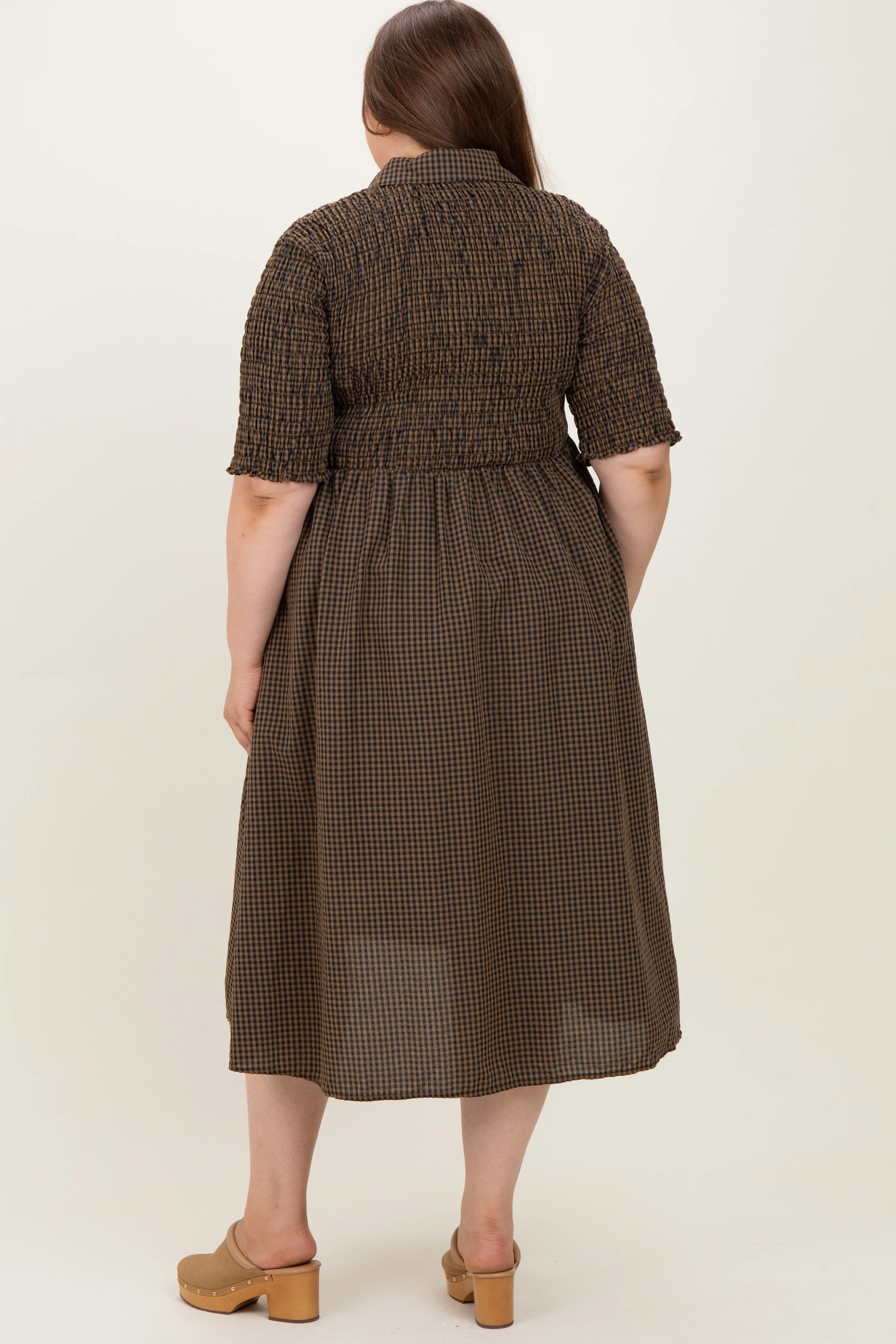 Brown Gingham Smocked Button Down Maternity Plus Midi Dress - Image 4