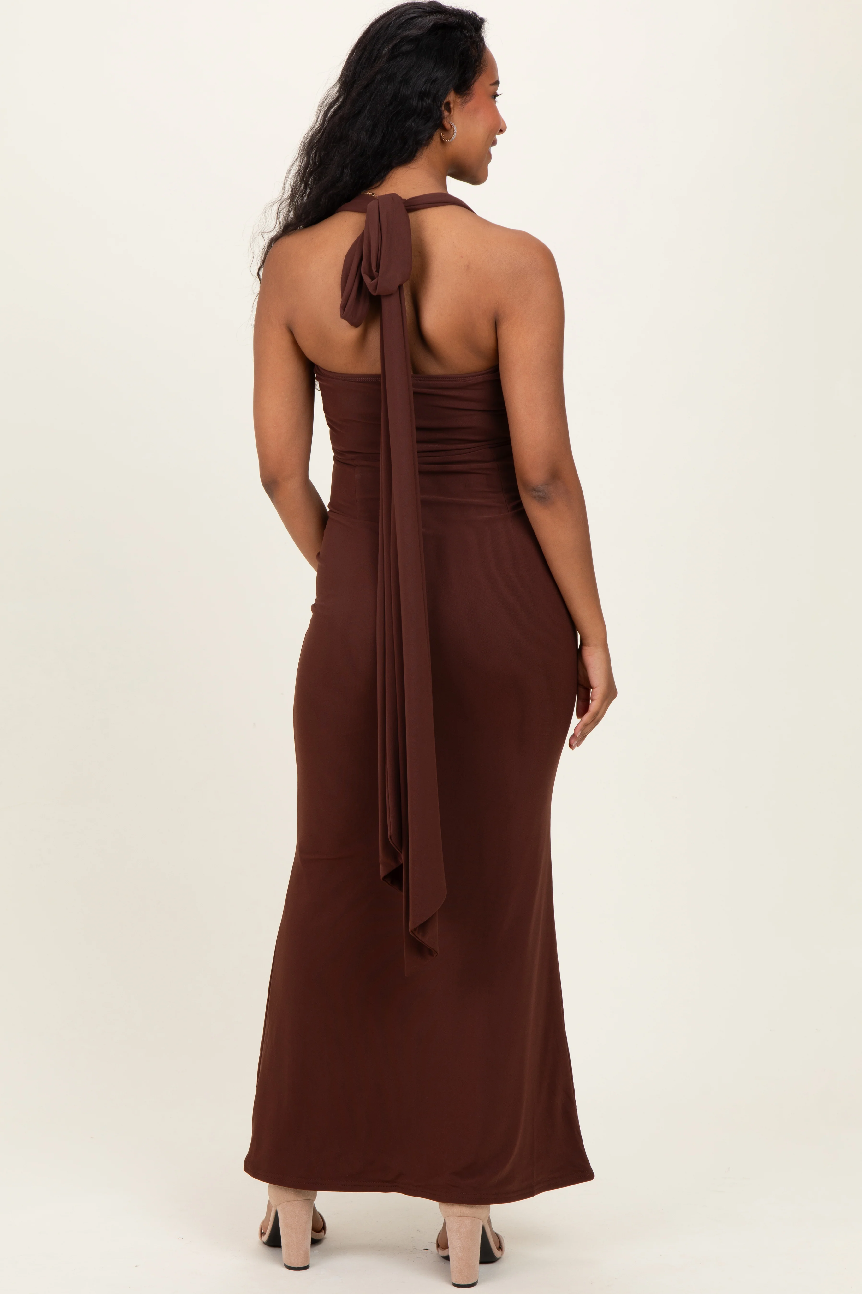 Brown Halter Neck Maternity Maxi Dress - Image 4