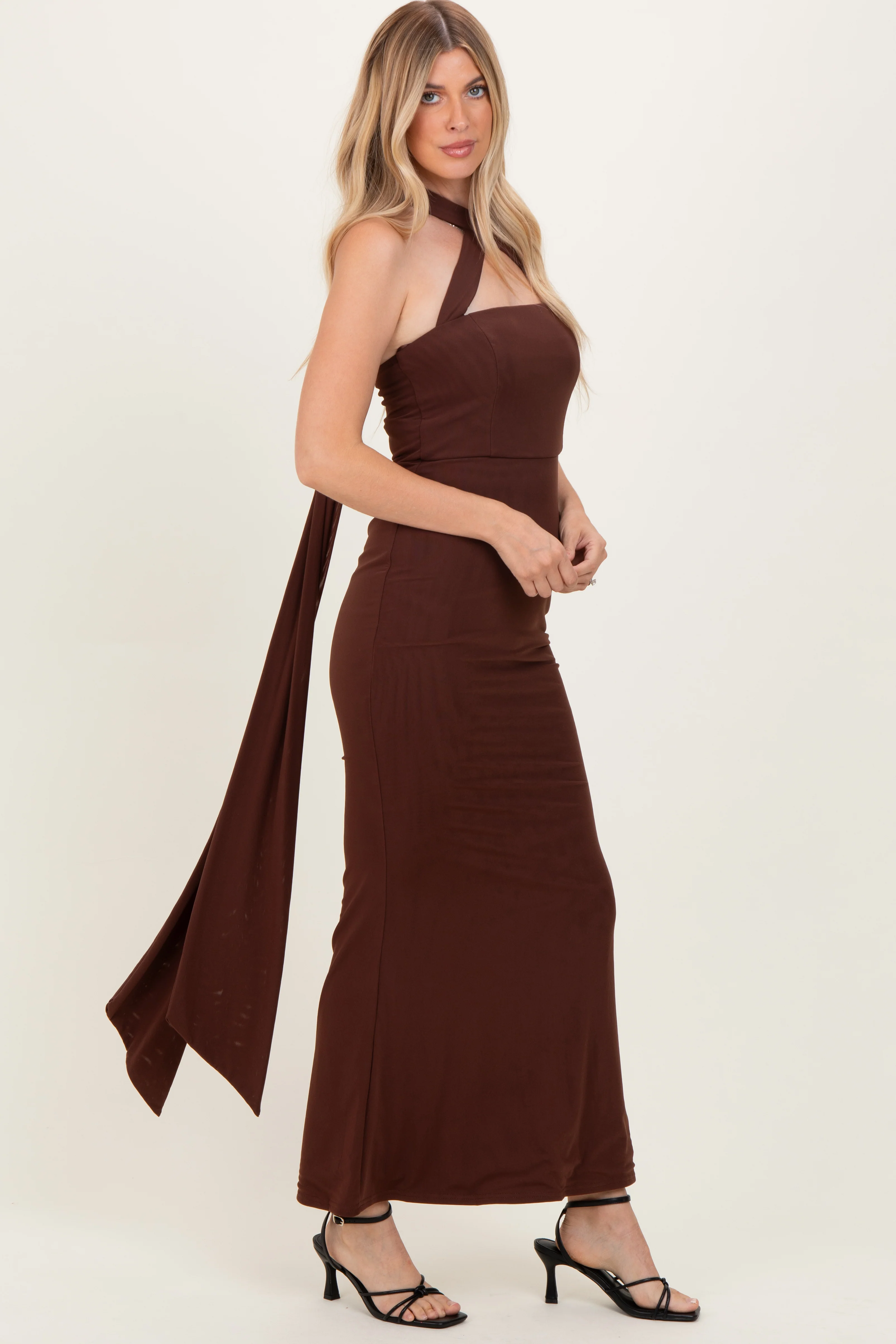 Brown Halter Neck Maxi Dress - Image 3
