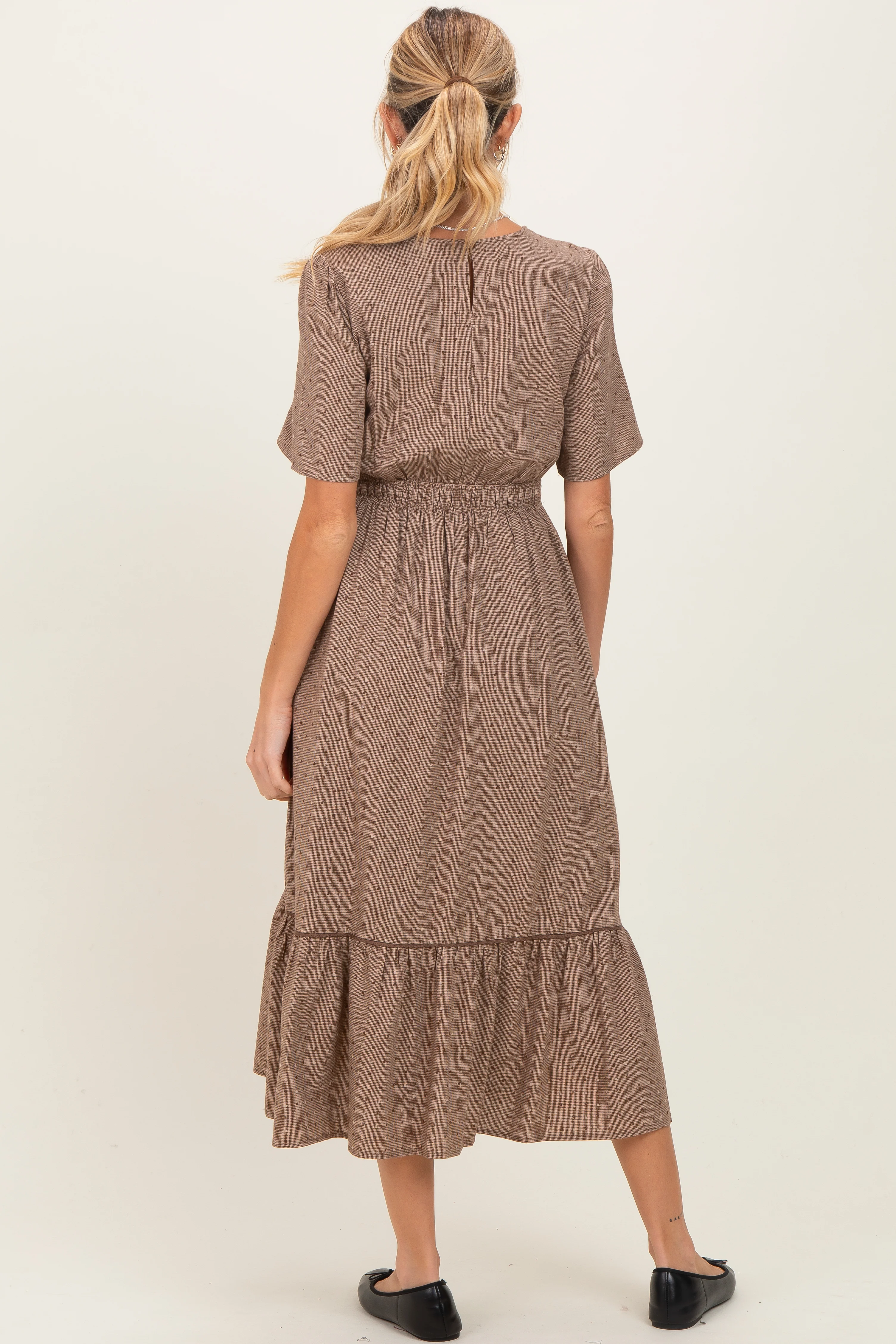 Brown Houndstooth Lace Maternity Midi Dress - Image 4