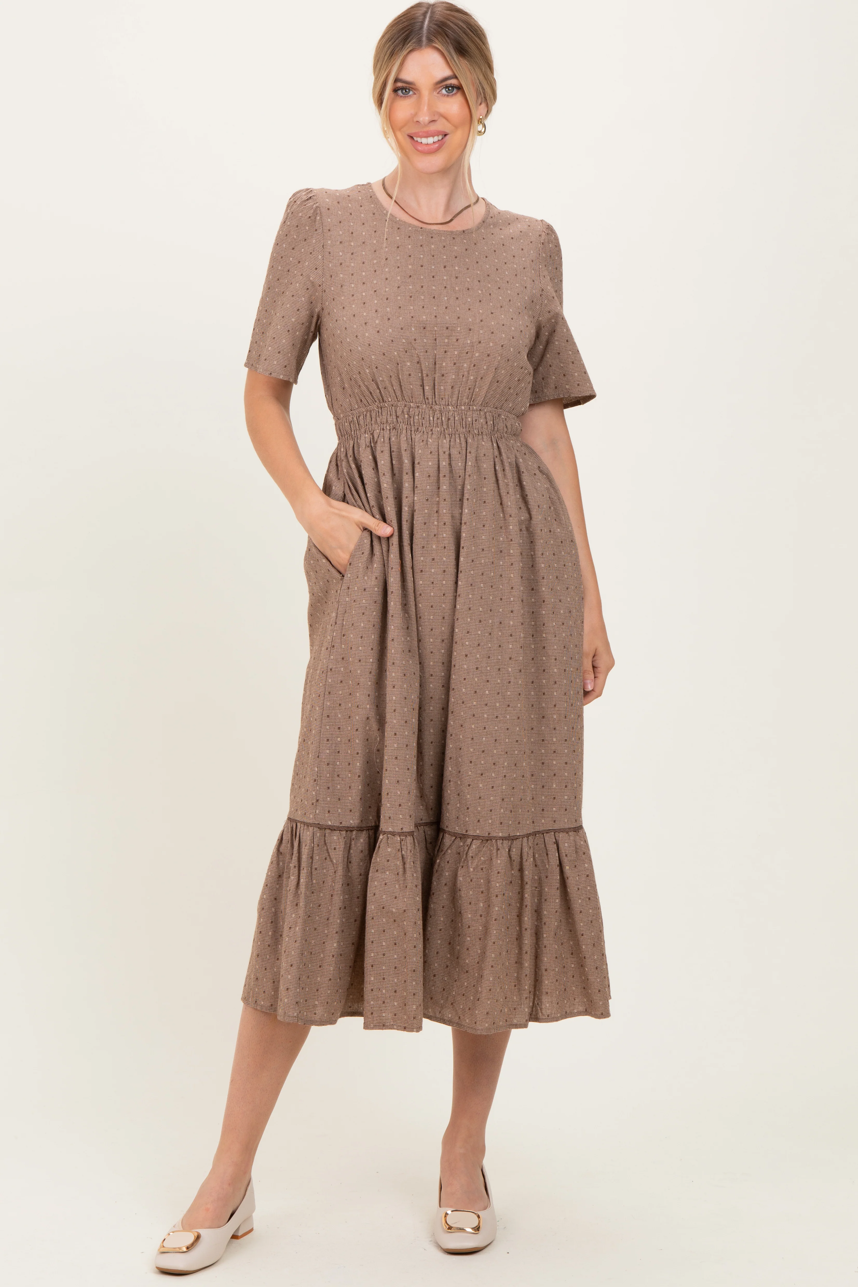 Brown Houndstooth Lace Midi Dress