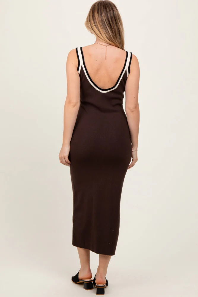 Brown Knit Key Hole Detail Low Back Midi Dress - Image 4