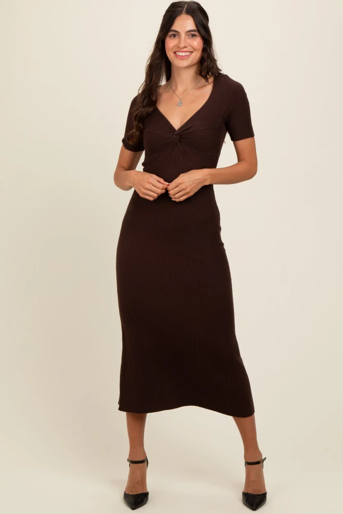 Brown Knit Twisted V-Neck Maternity Maxi Dress - Image 5