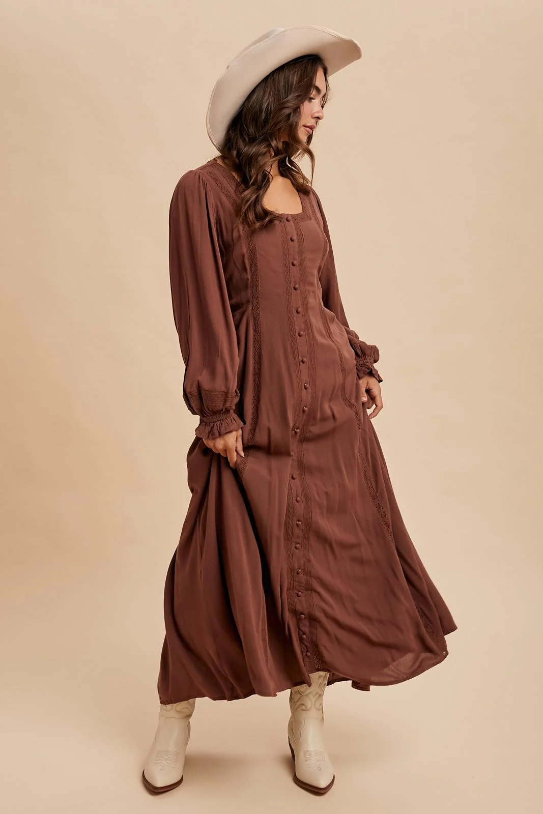 Brown Lace Detail Button Down Maternity Maxi Dress - Image 5