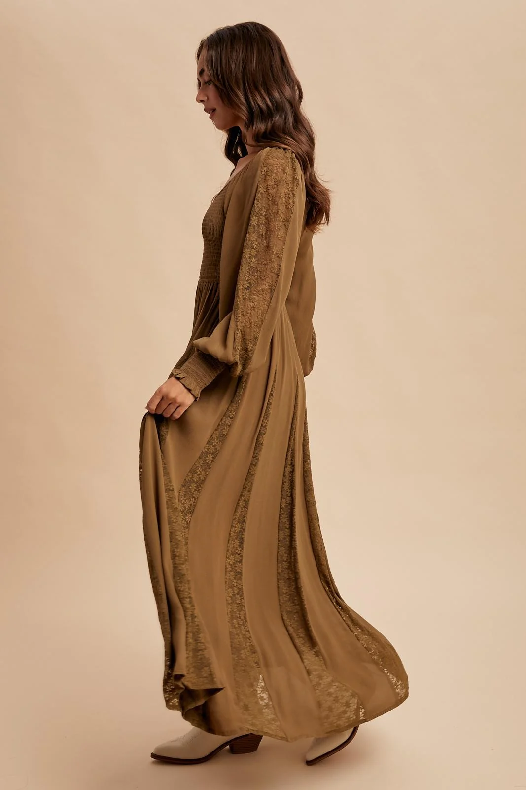 Brown Lace Inset Smocked Maxi Dress - Image 3