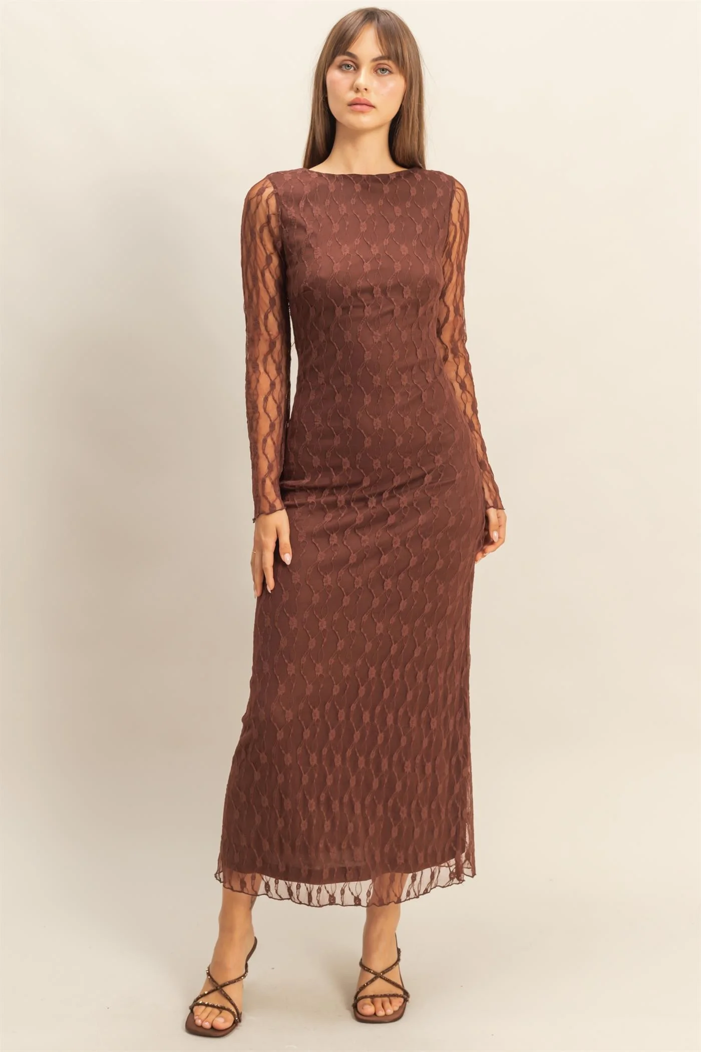 Brown Lace Overlay Fitted Maternity Maxi Dress - Image 5