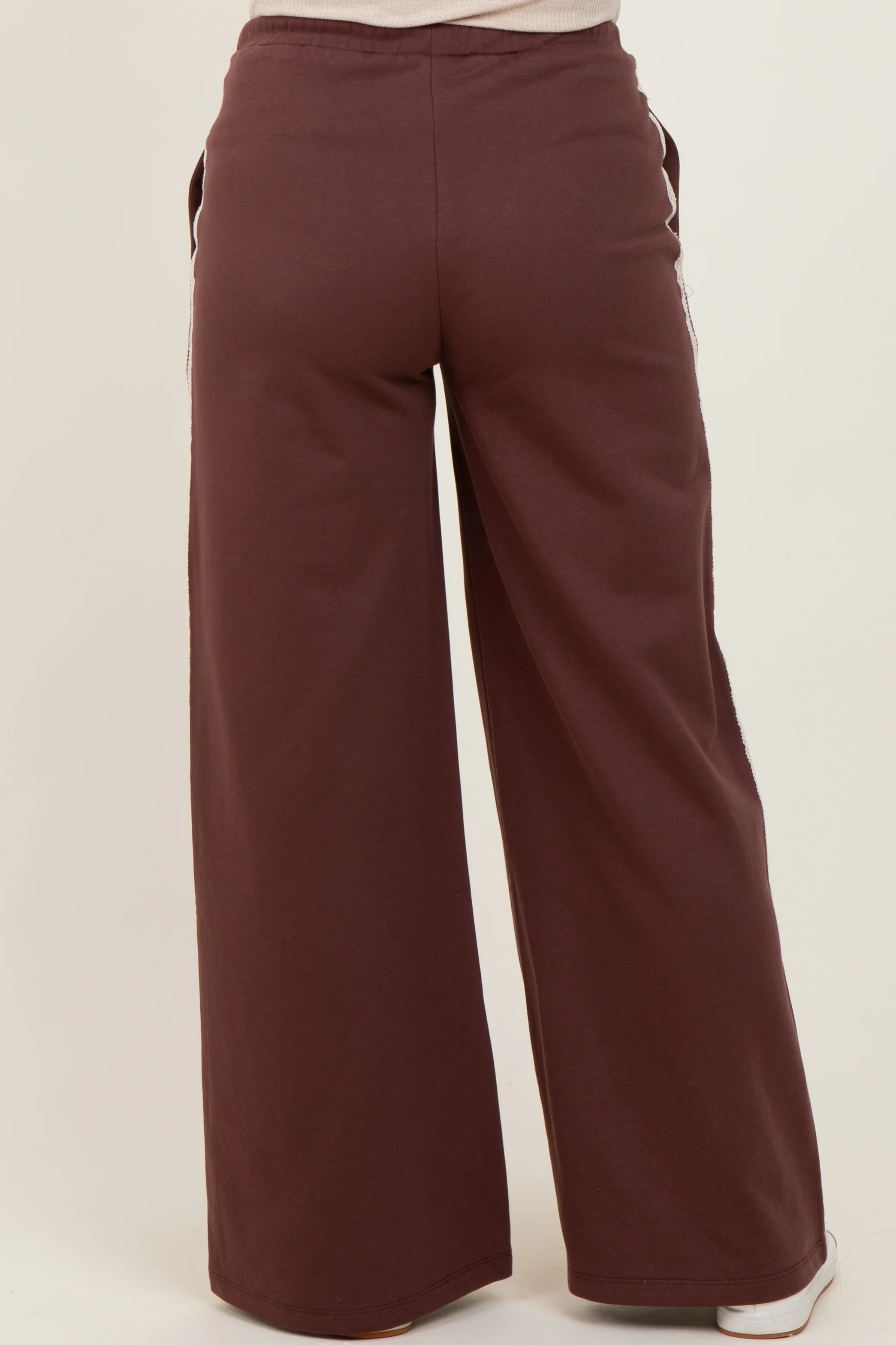 Brown Lace Stripe Drawstring Maternity Lounge Pants - Image 4