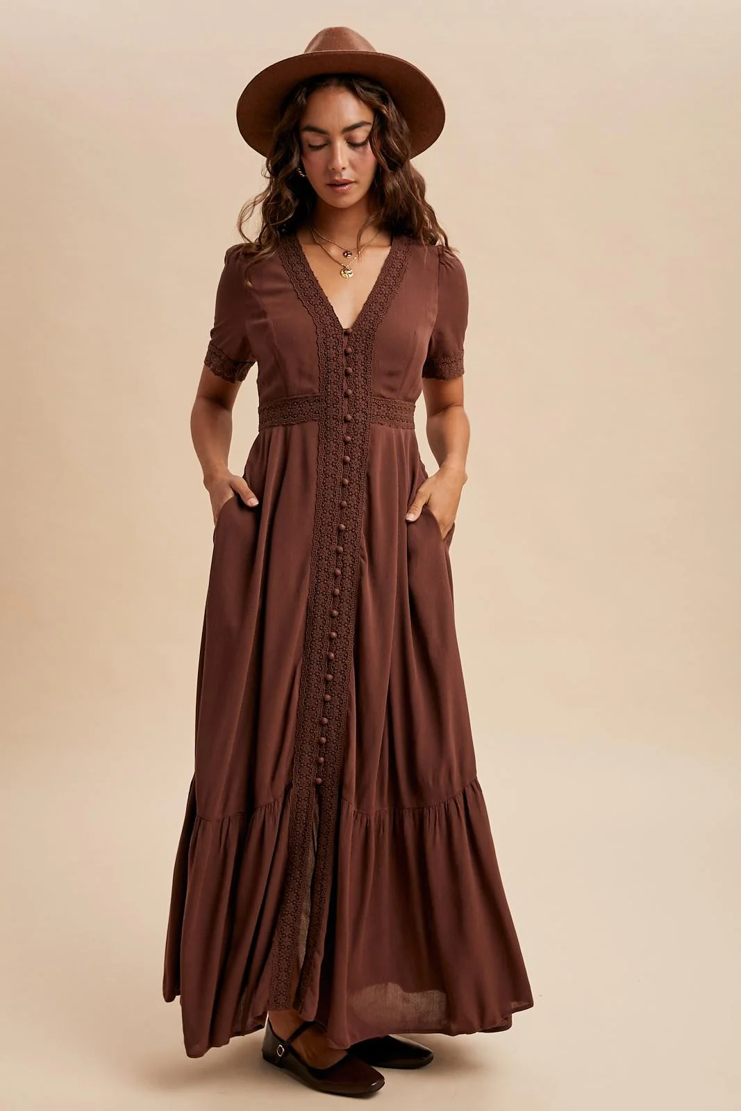 Brown Lace Trim Button Down Maxi Dress - Image 4