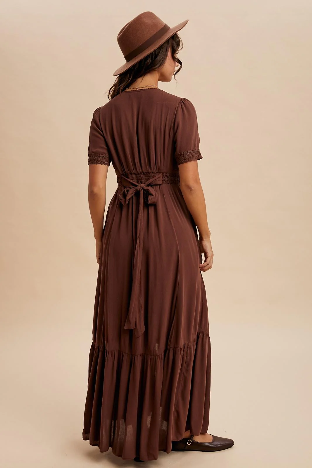 Brown Lace Trim Button Down Maxi Dress - Image 5