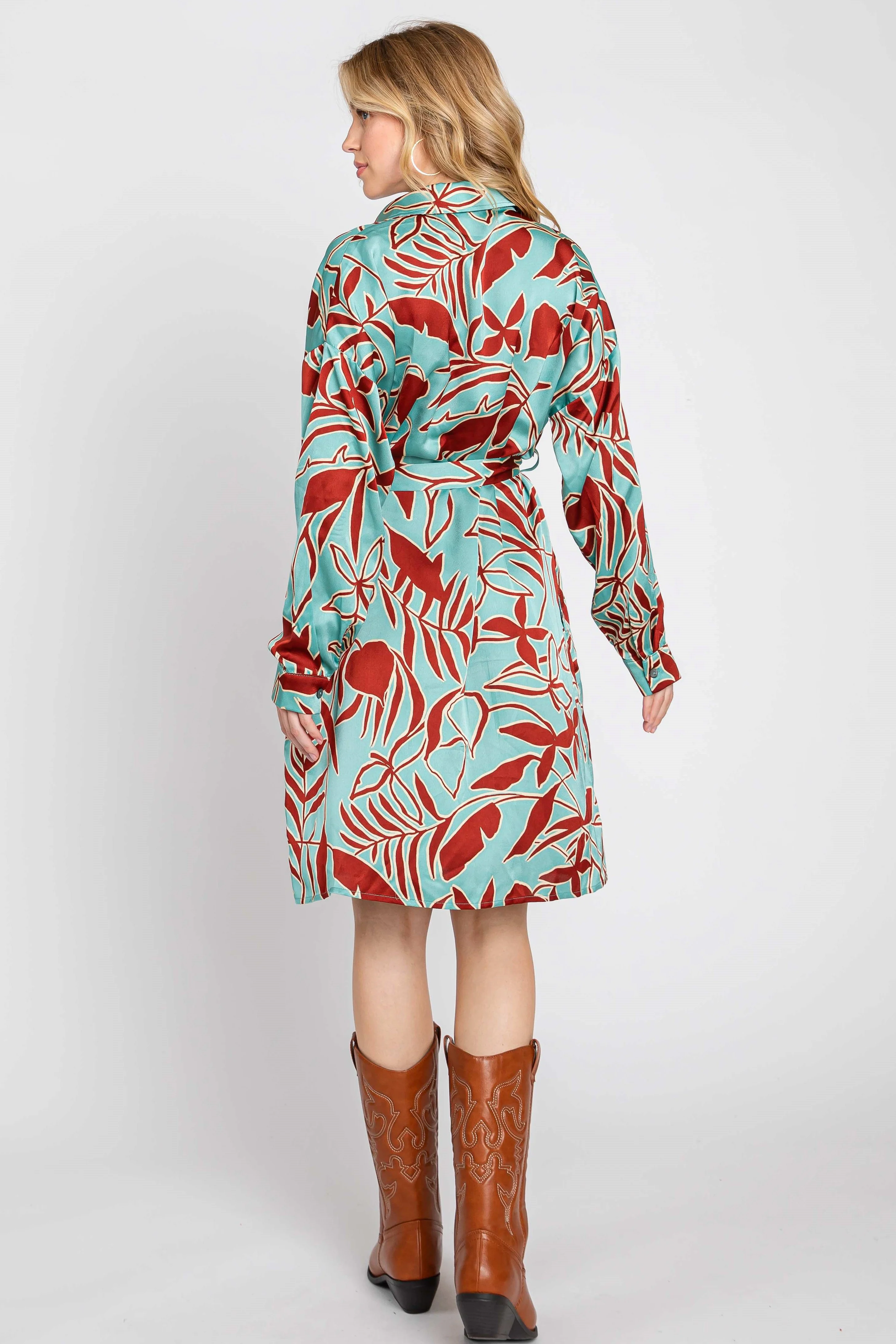 Brown Leaf Print Satin Button Down Dress - Image 4