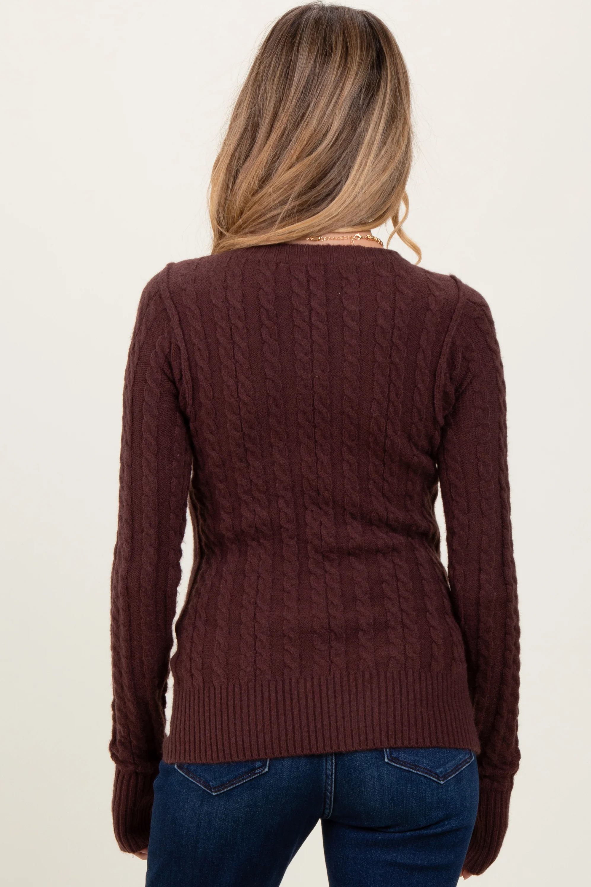 Brown Long Sleeve Cable Patterned Maternity Sweater Knit Top - Image 3