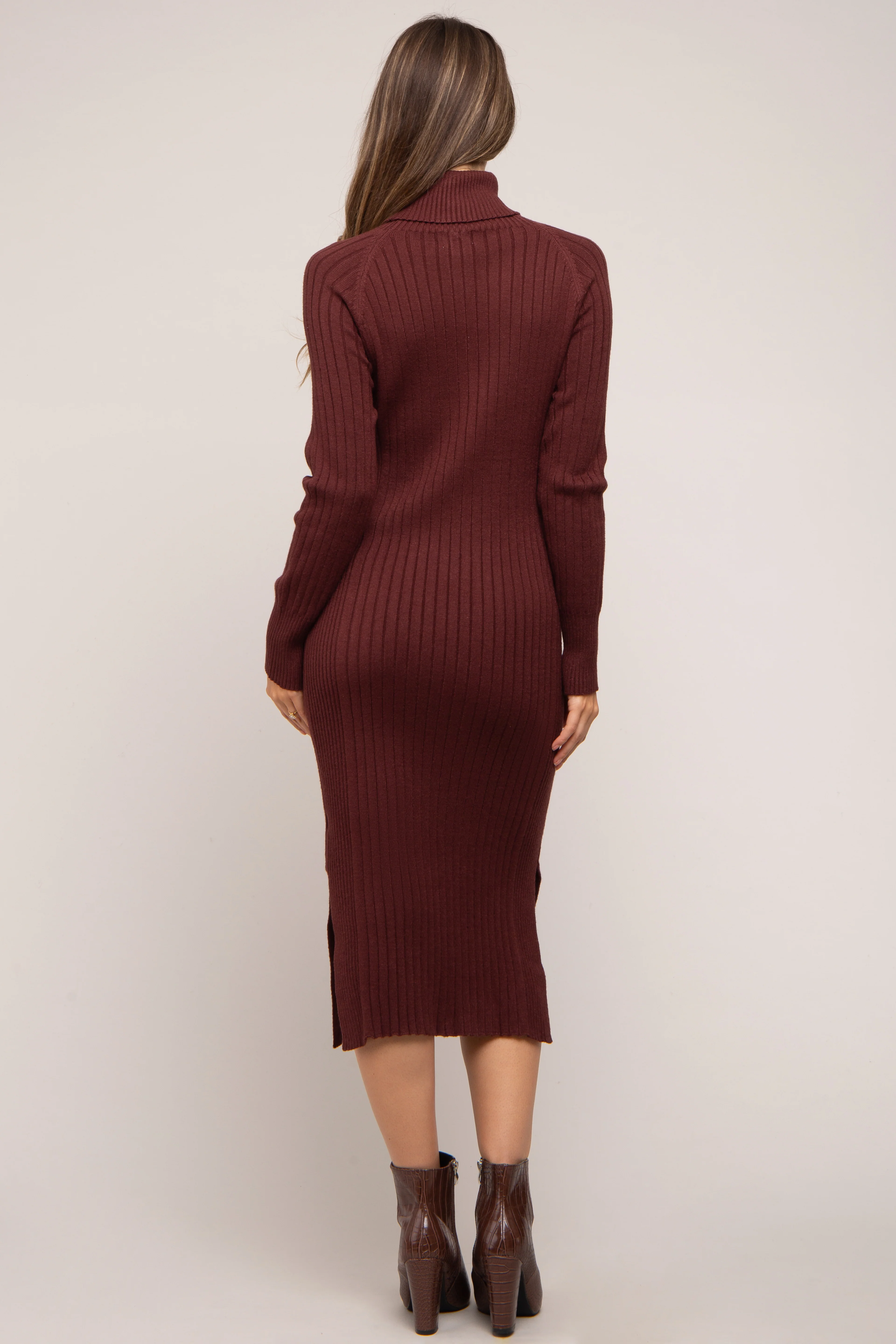 Brown Long Sleeve Turtleneck Maternity Sweater Dress - Image 4