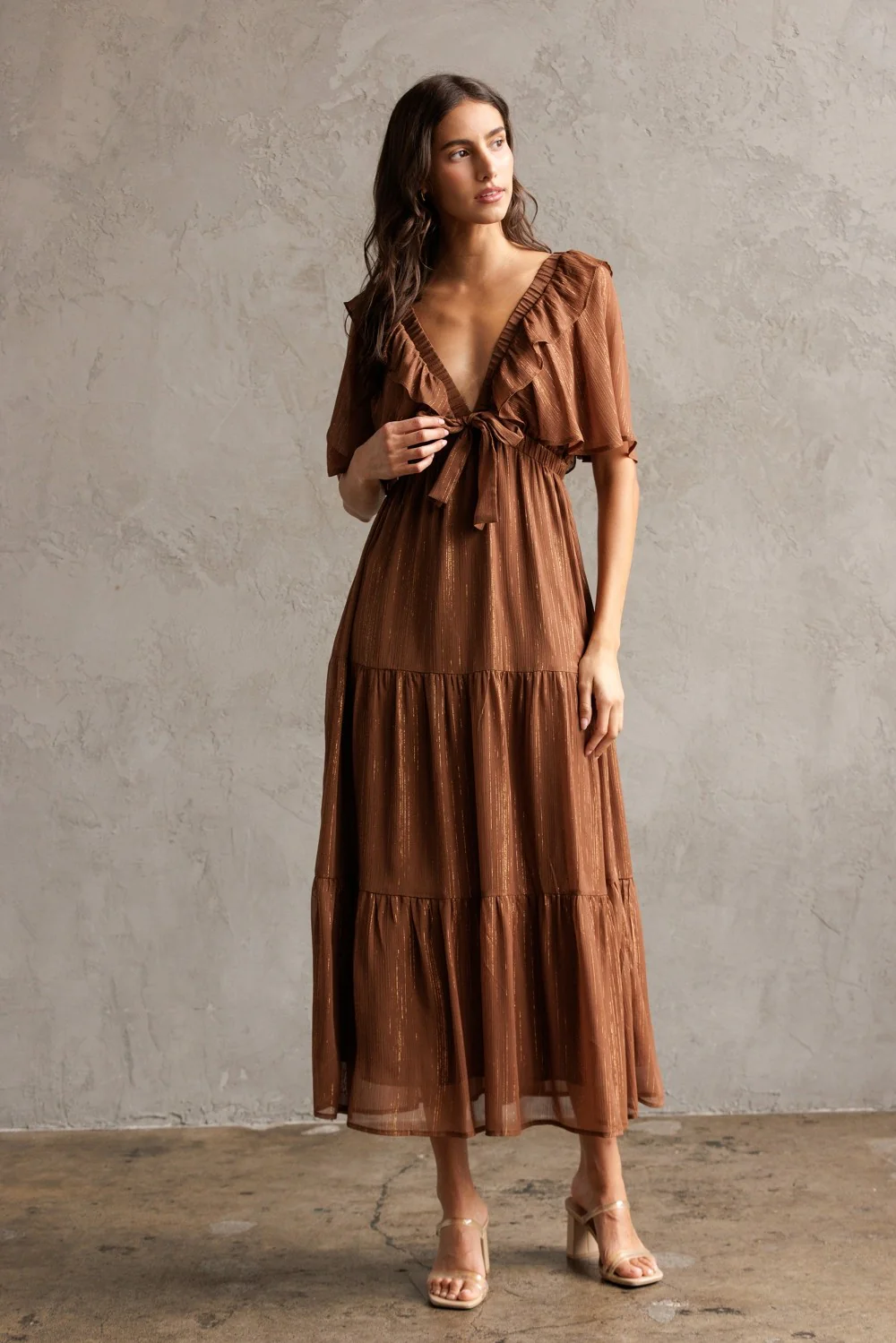 Brown Metallic Chiffon Ruffle V-Neck Midi Dress - Image 2