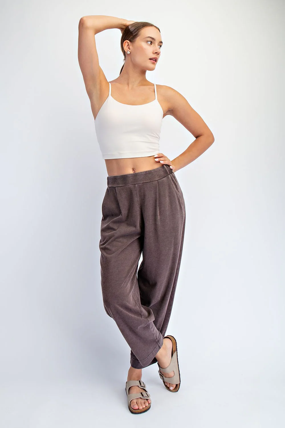 Brown Mineral Wash Pleated Maternity Lounge Pants - Image 5