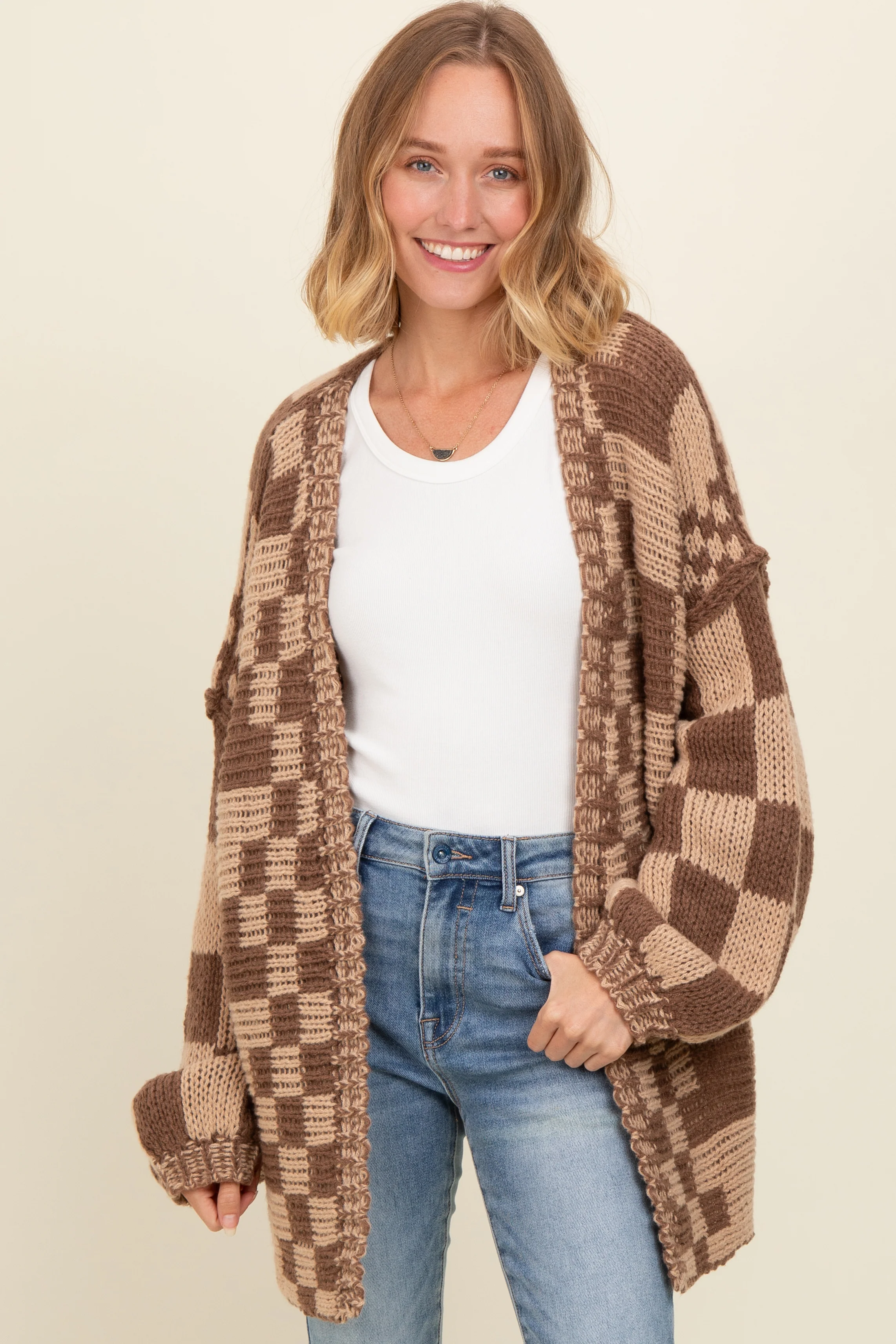 Brown Mixed Check Pattern Chunky Maternity Cardigan - Image 4