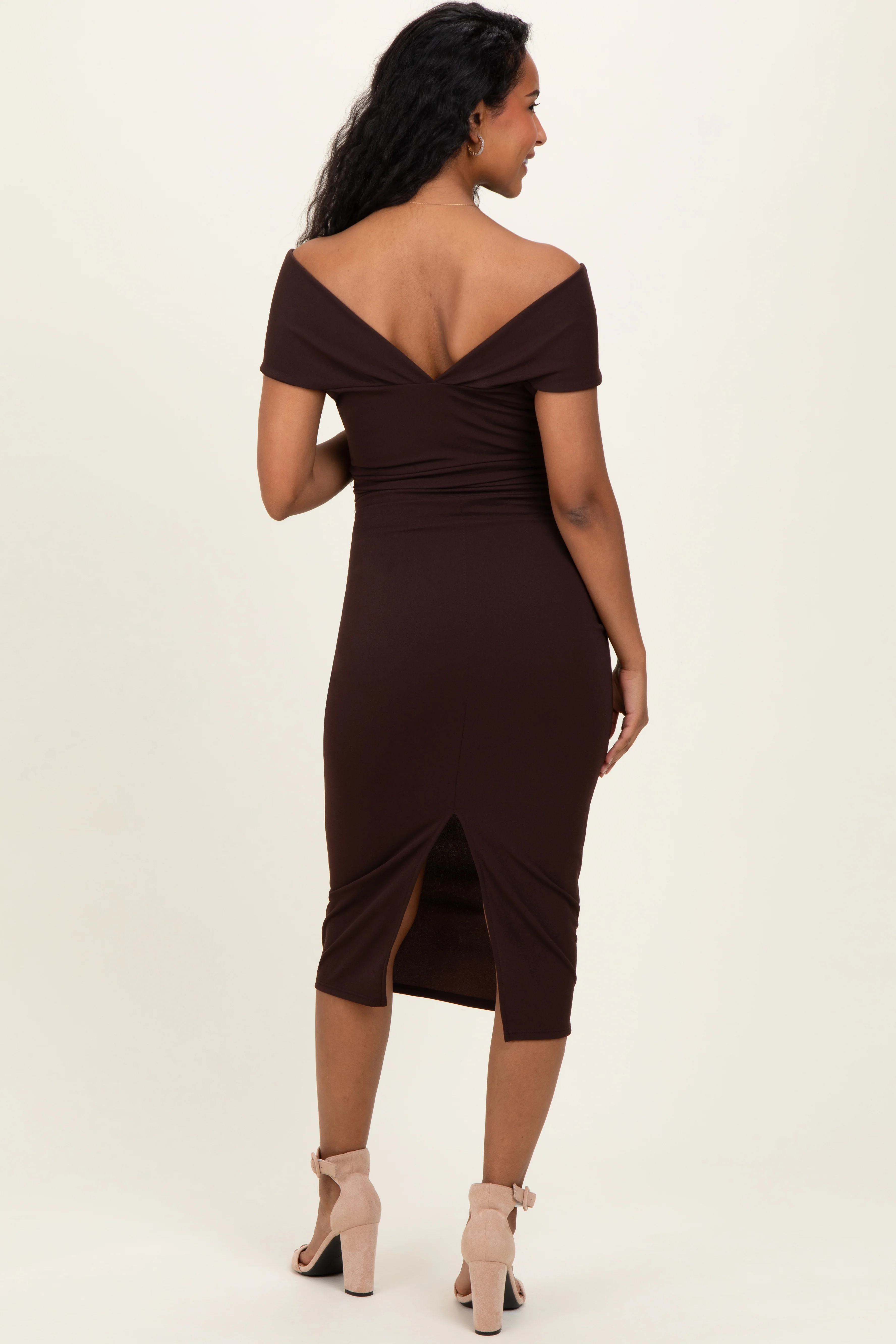 Brown Off Shoulder Fitted Maternity Midi Dress - Image 3