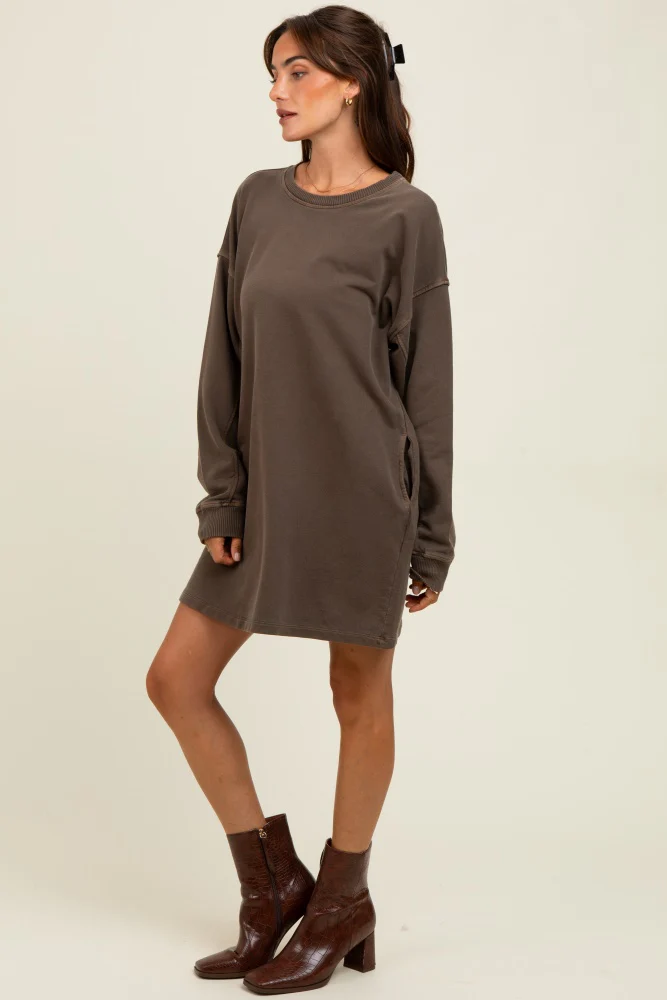 Brown Oversized Long Sleeve T-Shirt Dress - Image 3