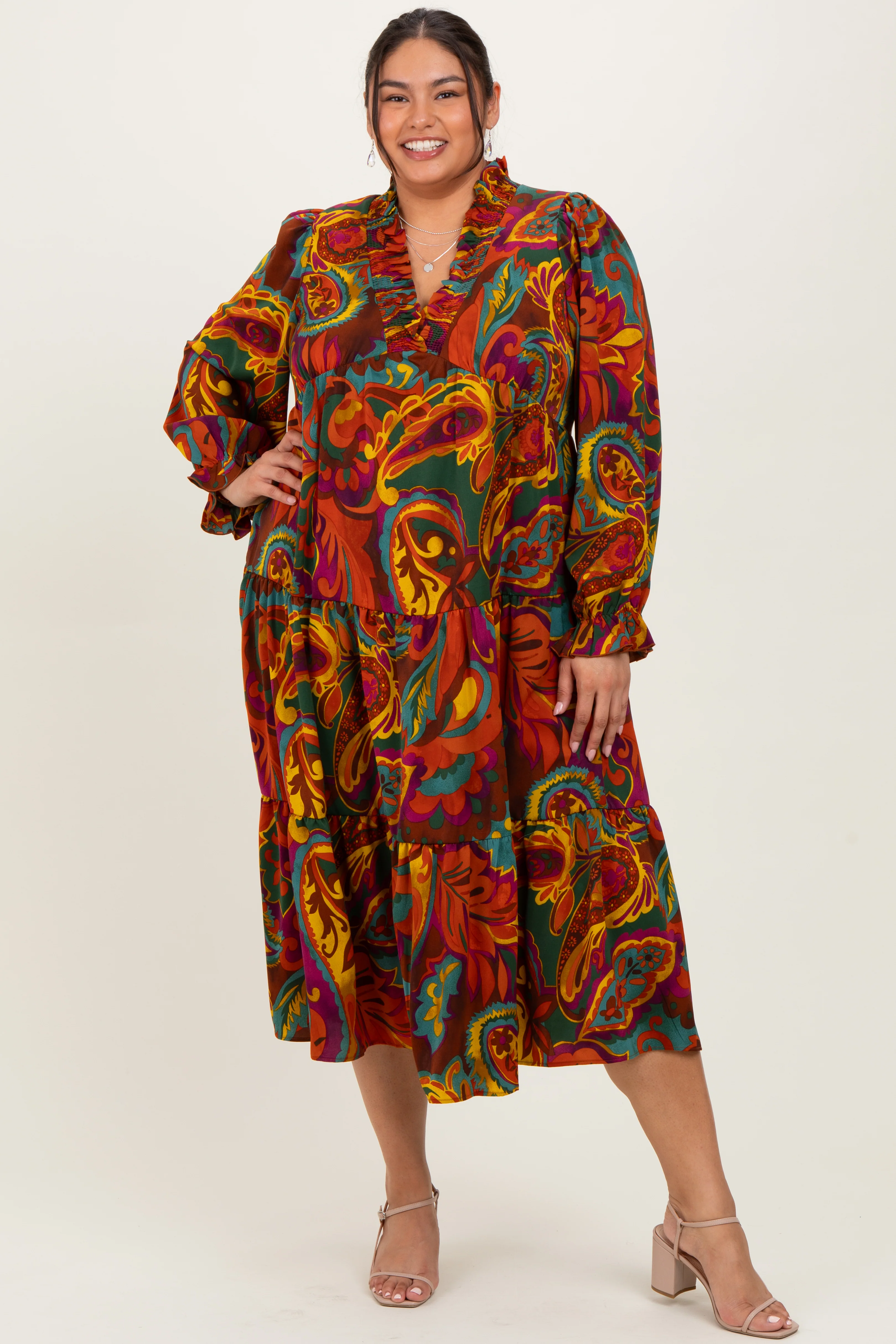 Brown Paisley V-Neck Long Sleeve Tiered Maternity Plus Maxi Dress - Image 5