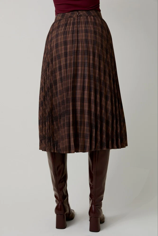 Brown Plaid Pleated Midi Skirt - Image 5