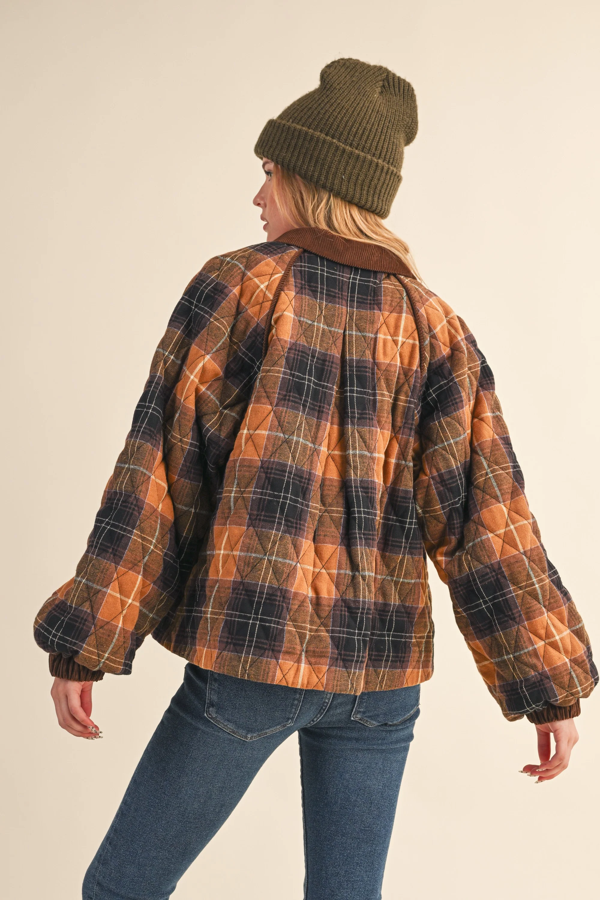 Brown Plaid Quilted Corduroy Contrast Jacket - Image 4