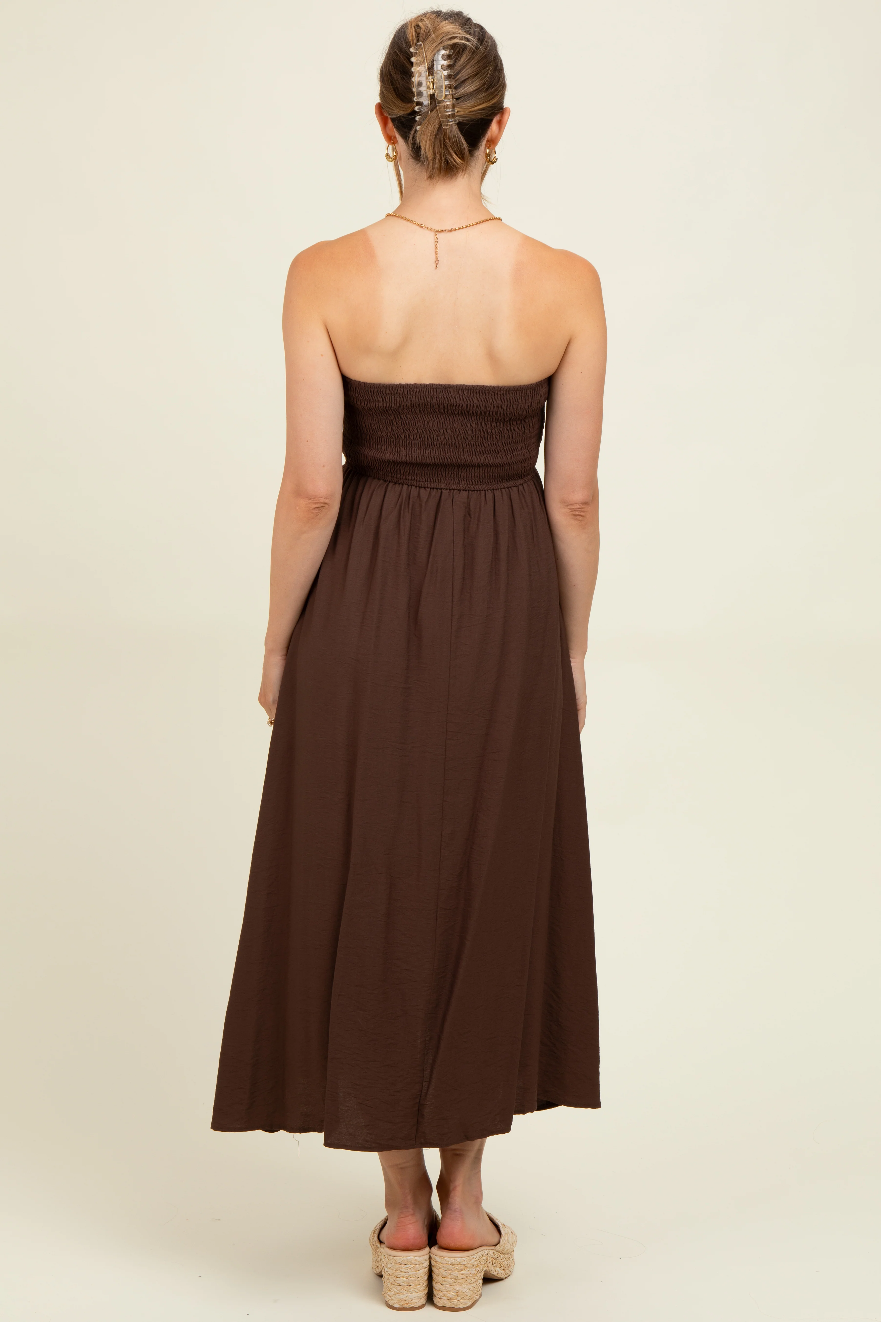 Brown Pleated Bodice Strapless Maternity Midi Dress - Image 4