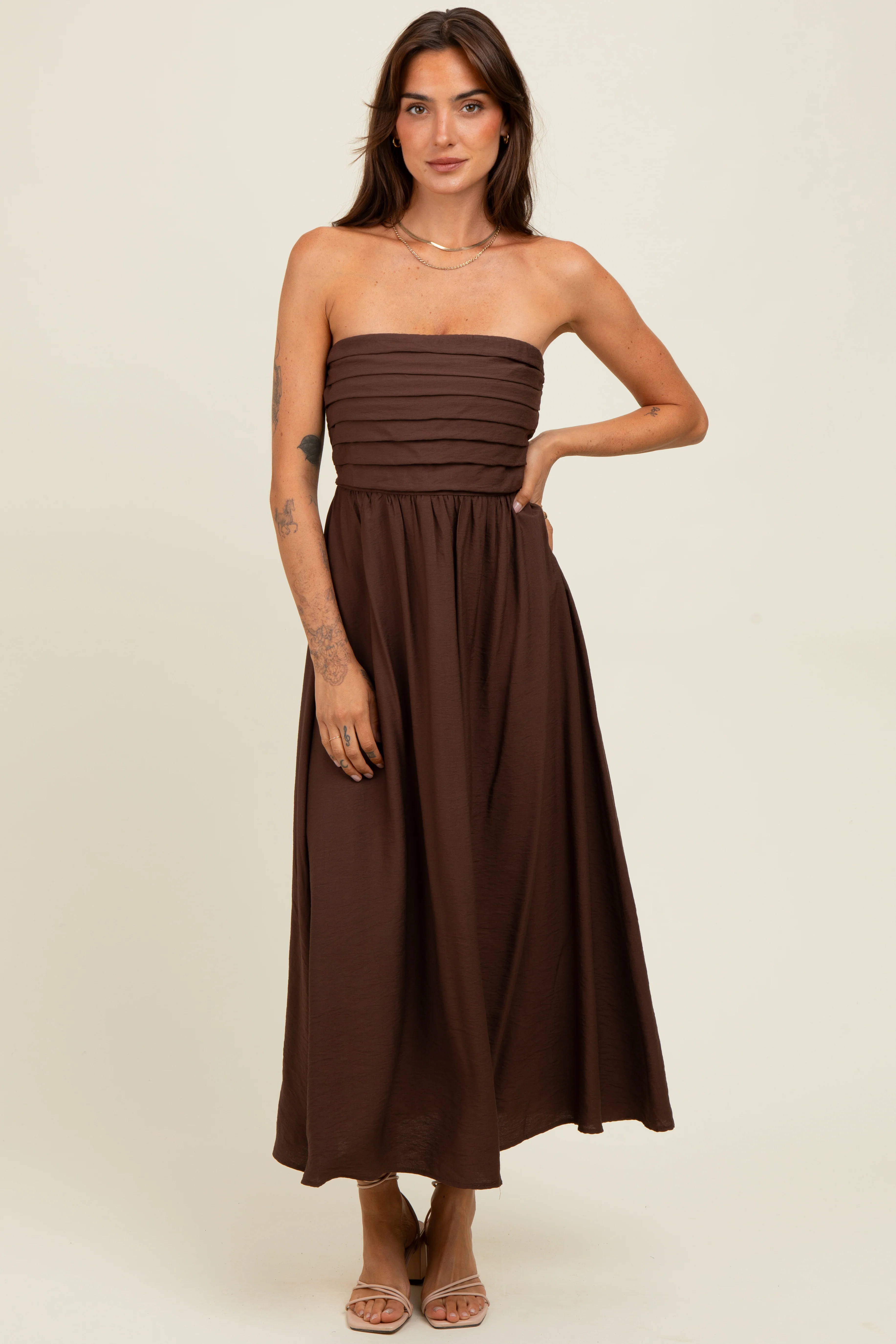 Brown Pleated Bodice Strapless Maternity Midi Dress - Image 5