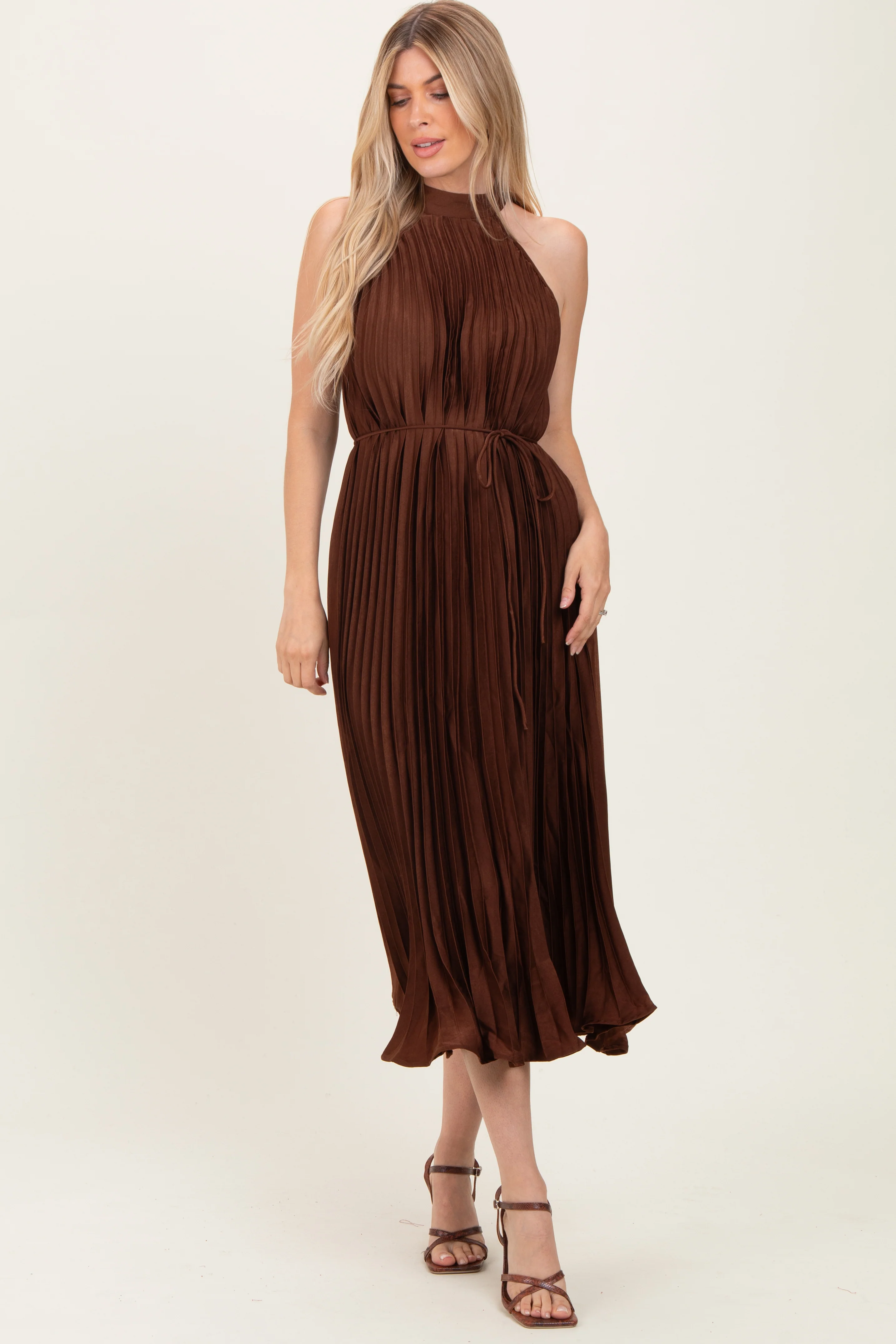 Brown Pleated Halter Dress - Image 2