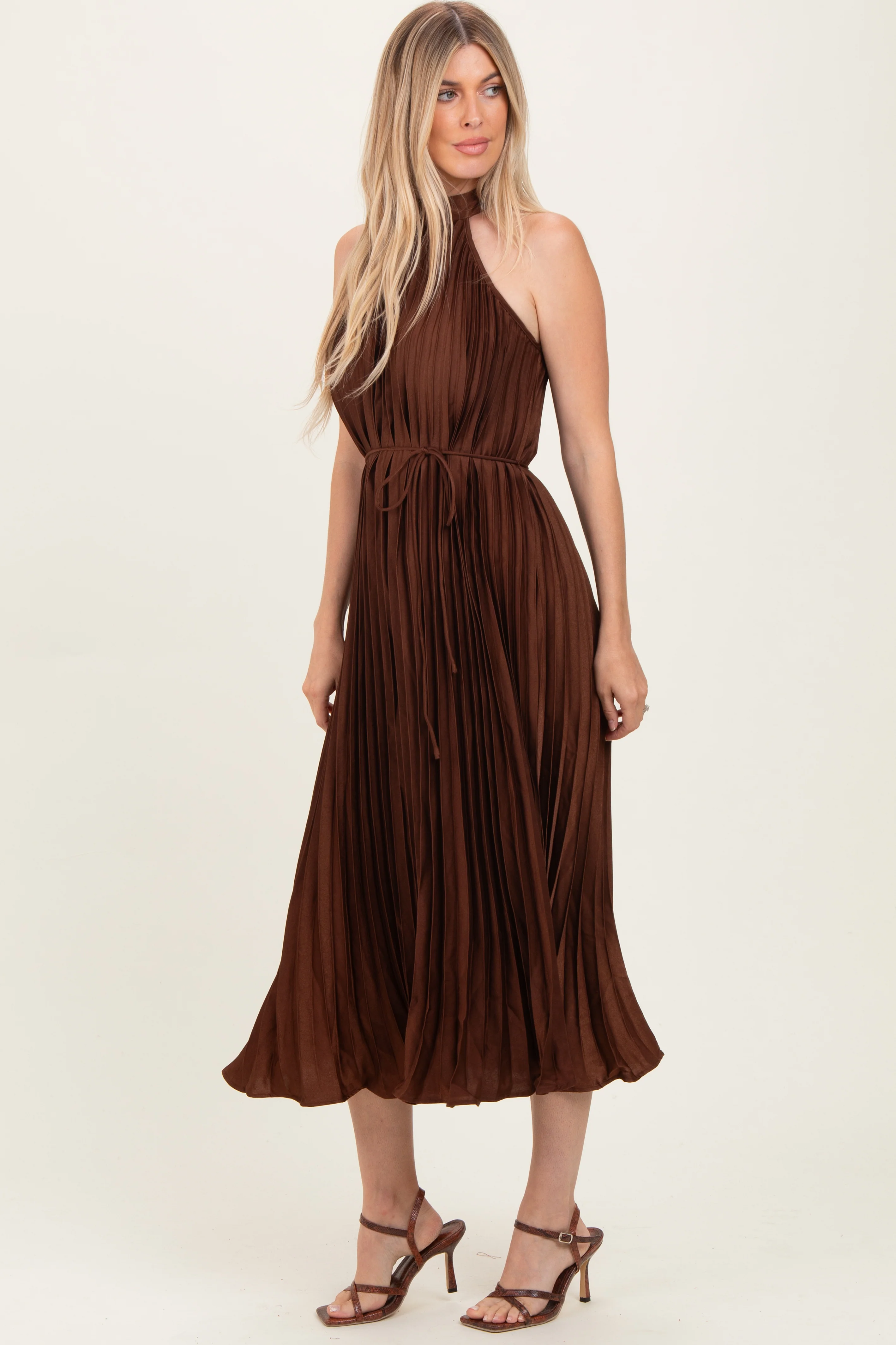 Brown Pleated Halter Dress - Image 3