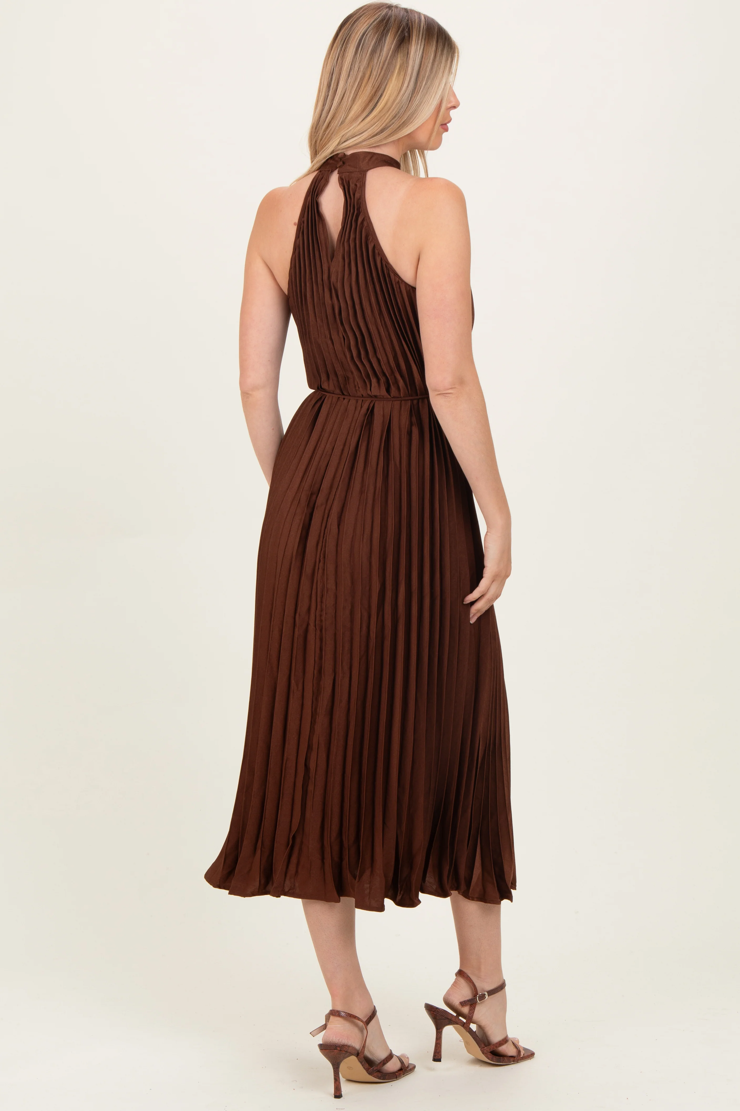 Brown Pleated Halter Dress - Image 4