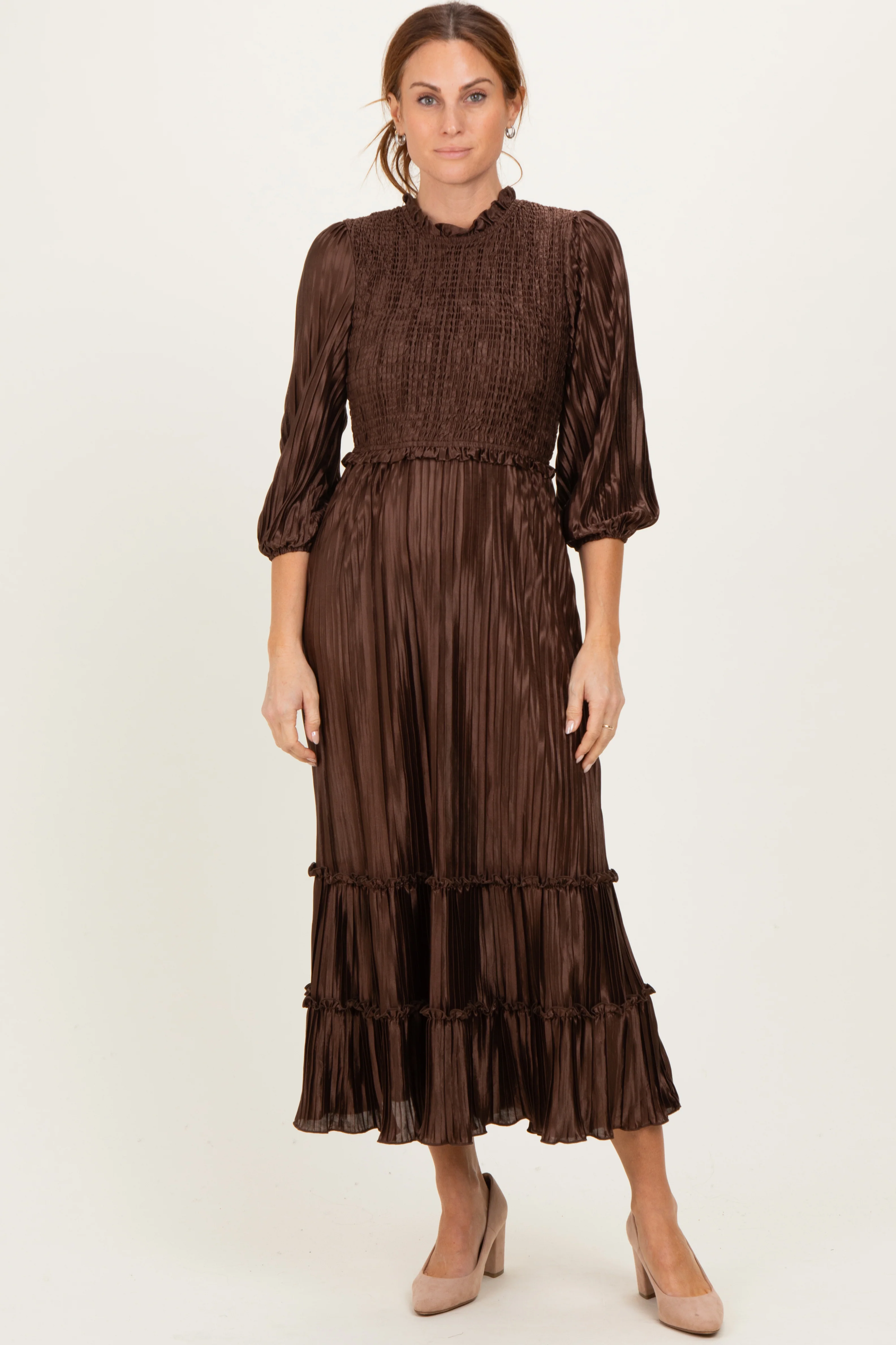 Brown Pleated Satin Smocked Bodice Maternity Midi Dress - Image 5
