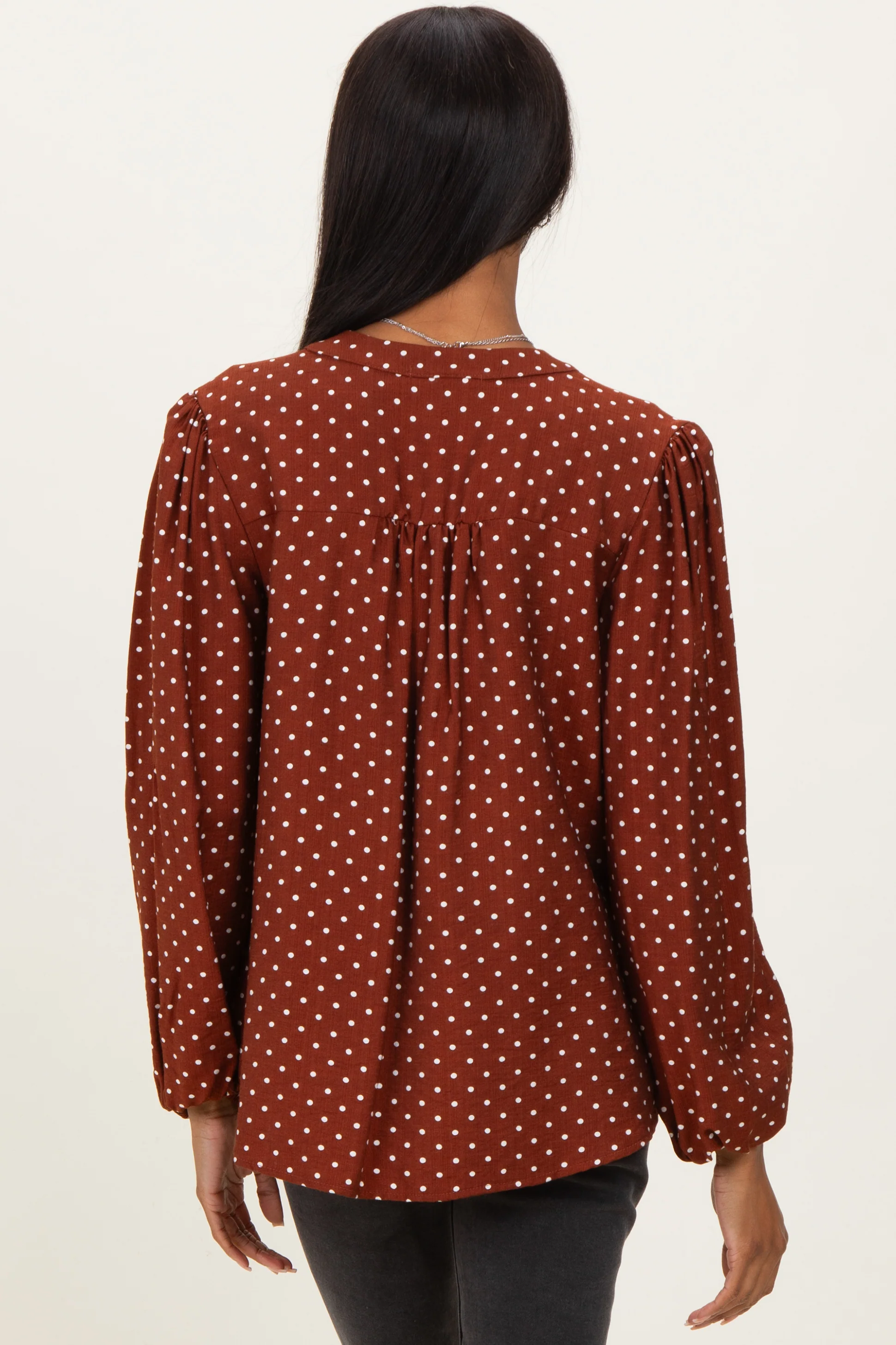 Brown Polka Dot Long Sleeve Button Down V-Neck Top - Image 3
