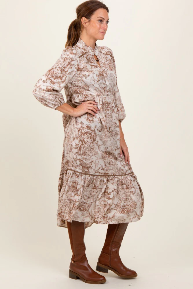 Brown Printed Split Ruffle Collar Midi Dress - Image 3