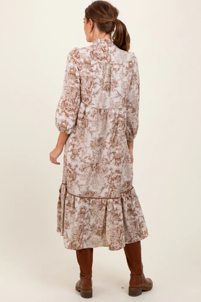 Brown Printed Split Ruffle Collar Midi Dress - Image 4