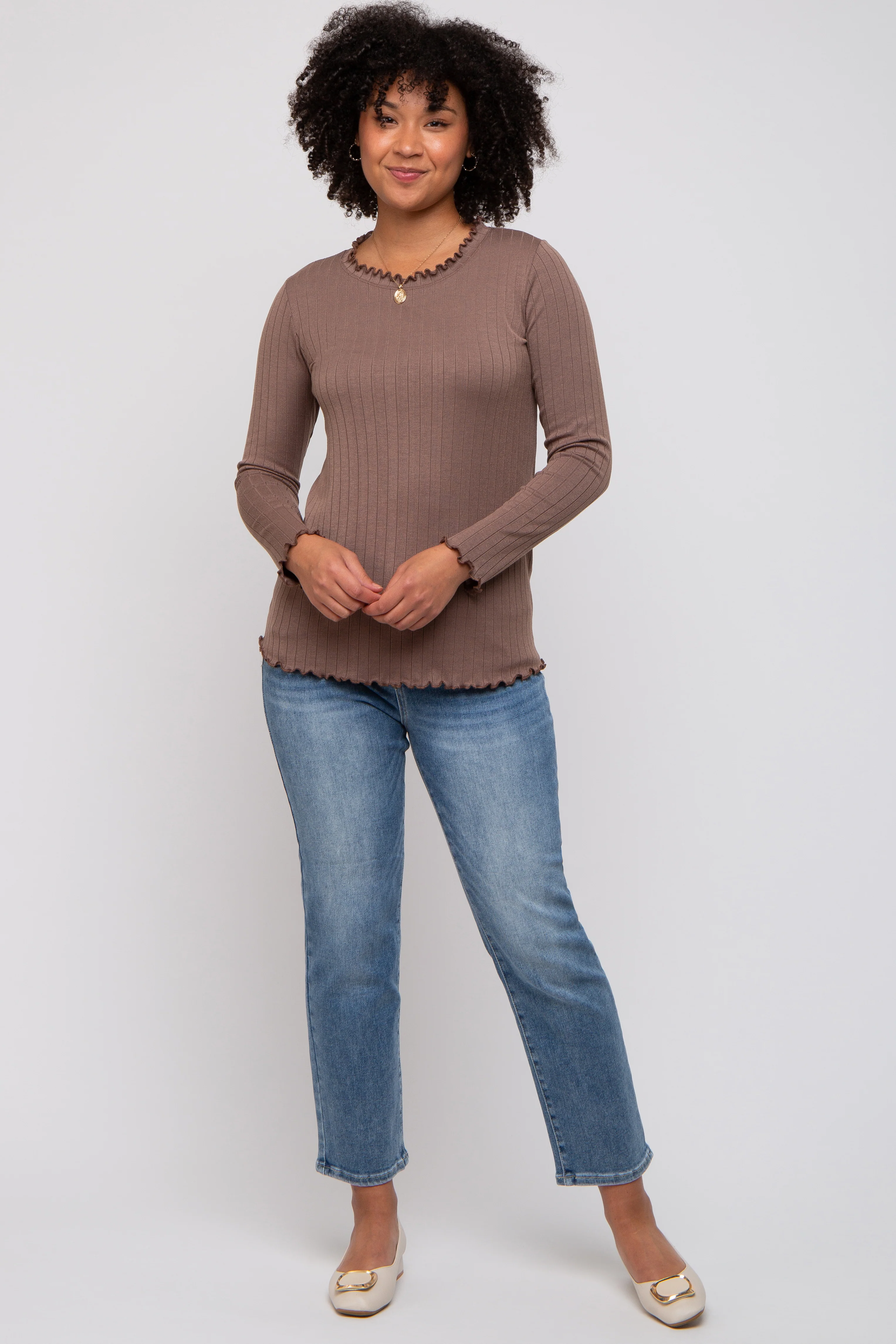 Brown Rib Knit Lettuce Trim Maternity Long Sleeve Top - Image 5