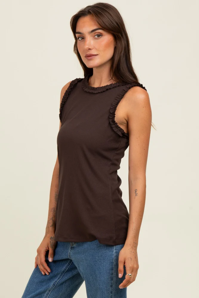 Brown Rib Knit Ruffle Trim Sleeveless Top - Image 3