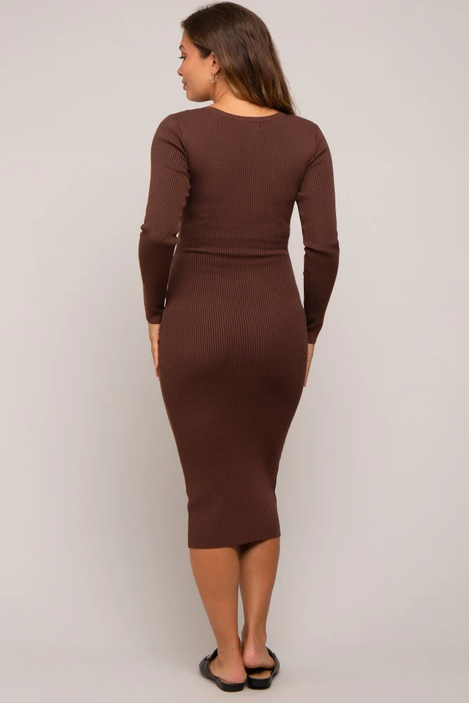 Brown Ribbed Fitted Button Long Sleeve Maternity Dress - Image 3