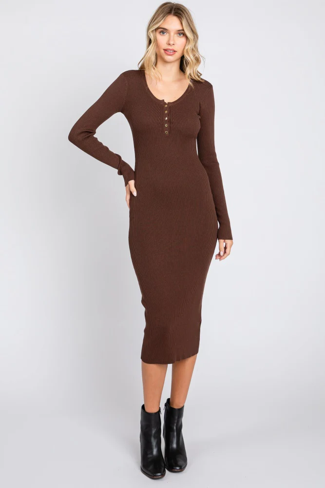 Brown Ribbed Fitted Button Long Sleeve Maternity Dress - Image 5
