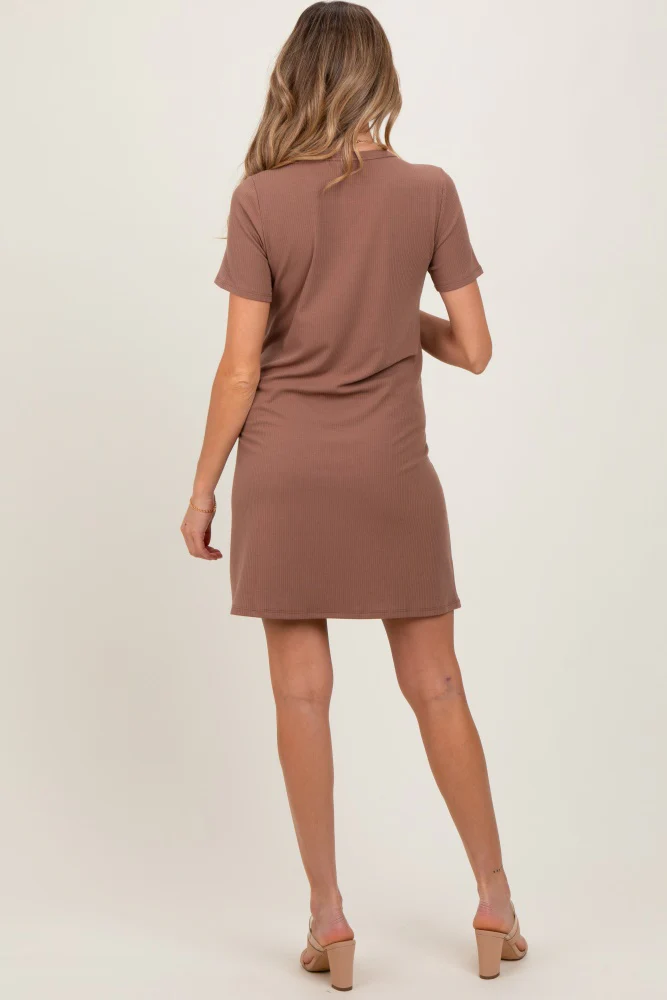 Brown Ribbed Knit Basic Short Sleeve Maternity T-Shirt Dress - Image 3