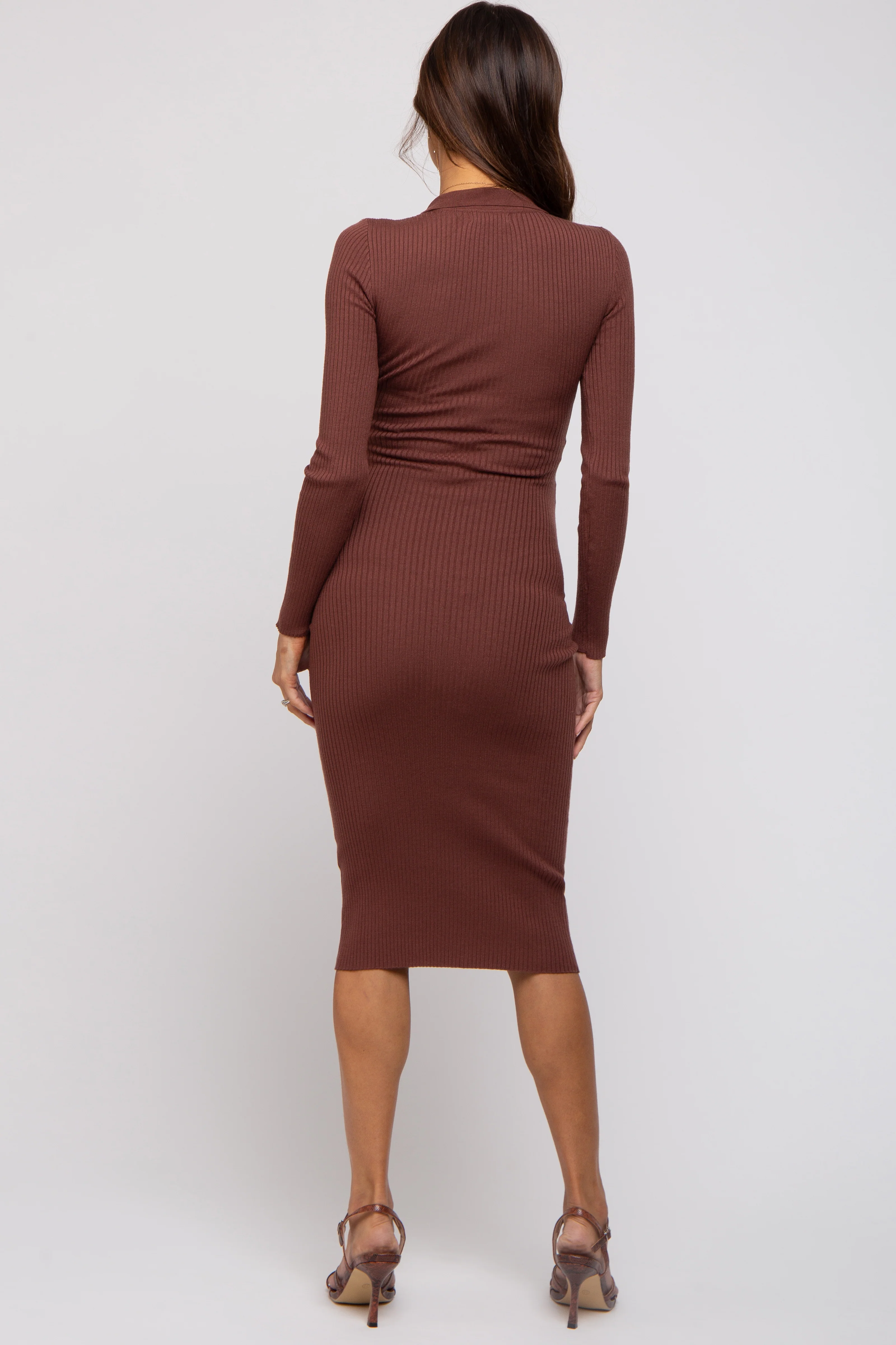 Brown Ribbed Knit Fitted Maternity Dress - Image 3