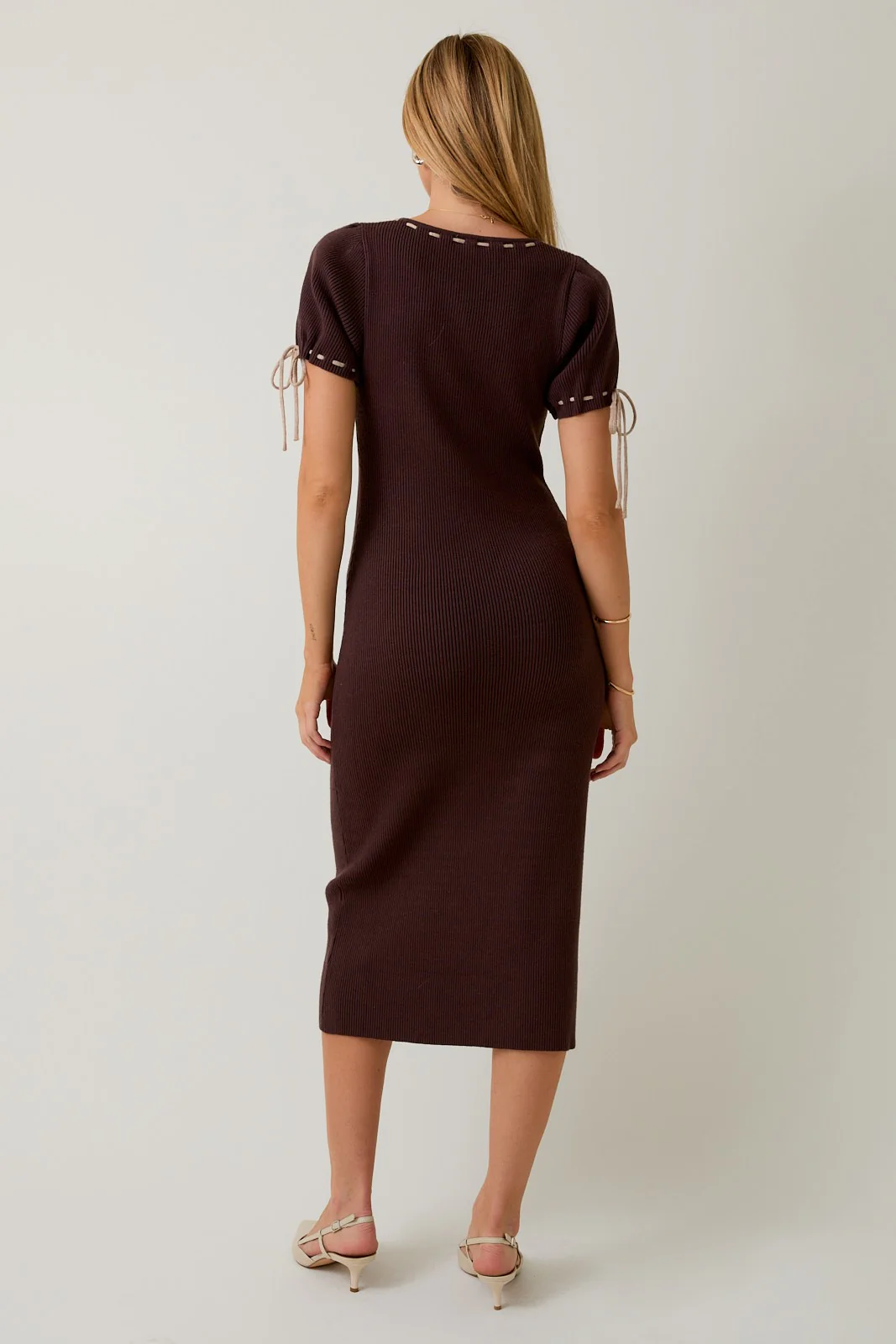 Brown Ribbed Knit Stitch Detail Midi Dress - Image 4
