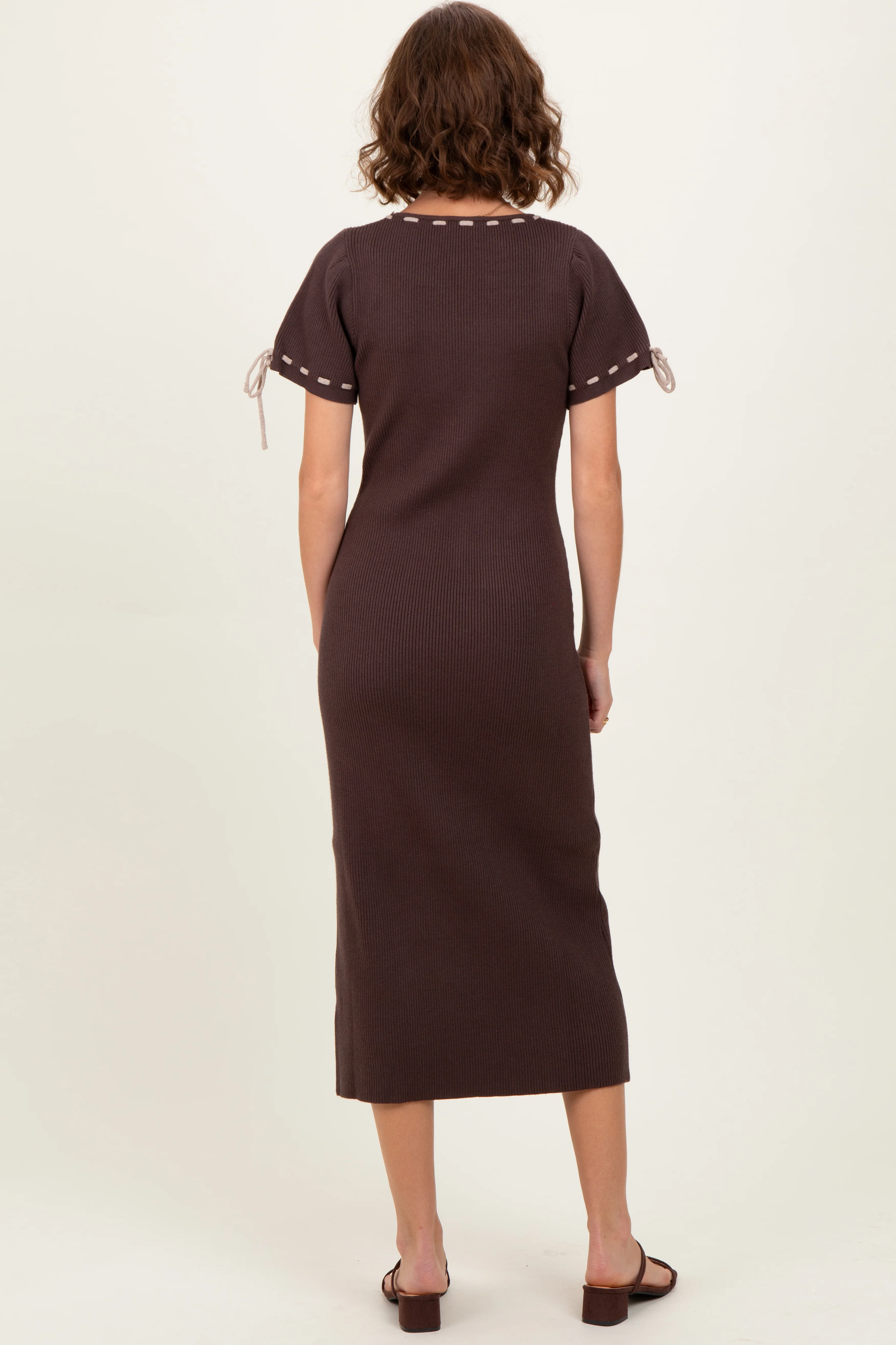 Brown Ribbed Knit Stitch Detail Midi Dress - Image 7